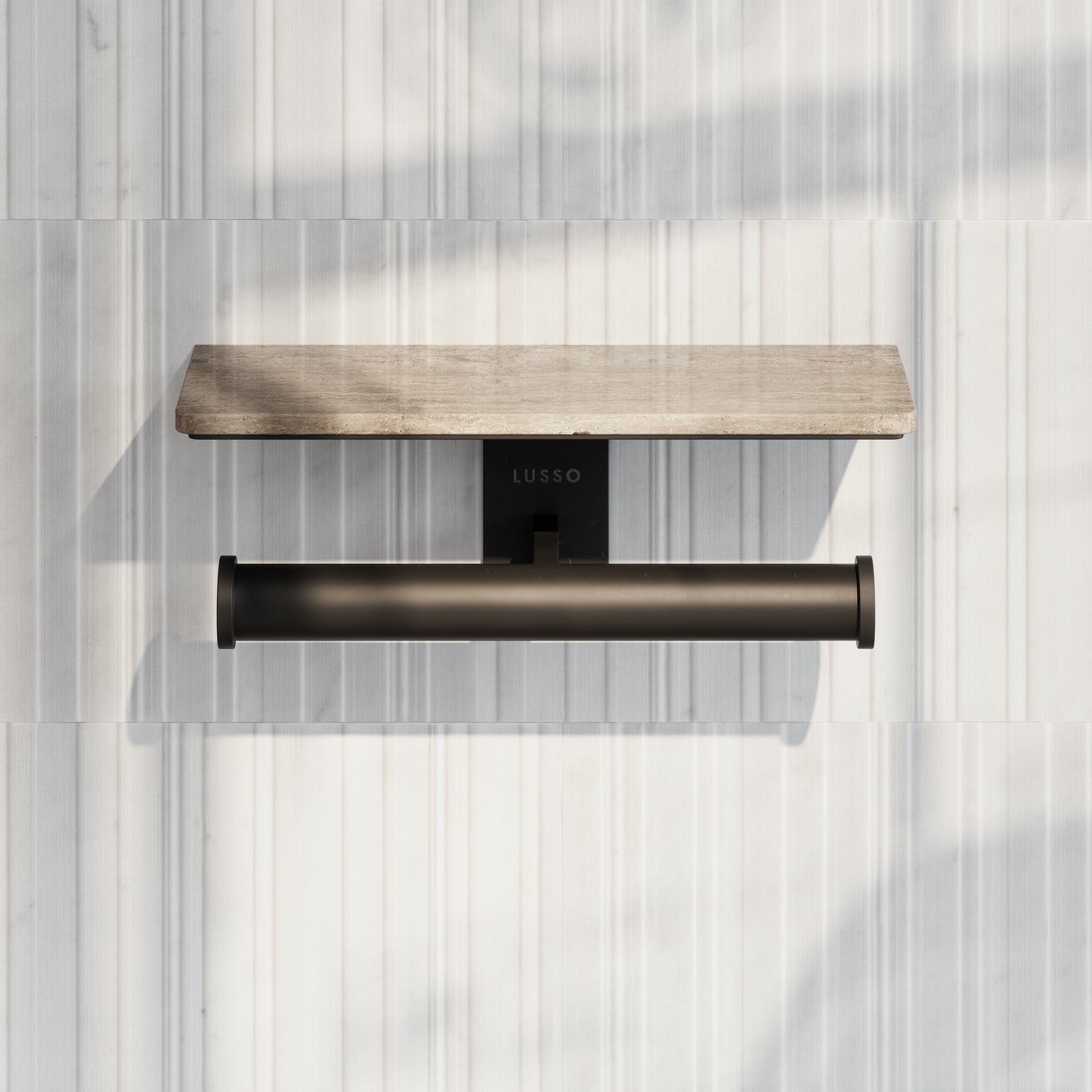 Deka Matte Black Double Toilet Roll Holder with Travertine Stone Shelf