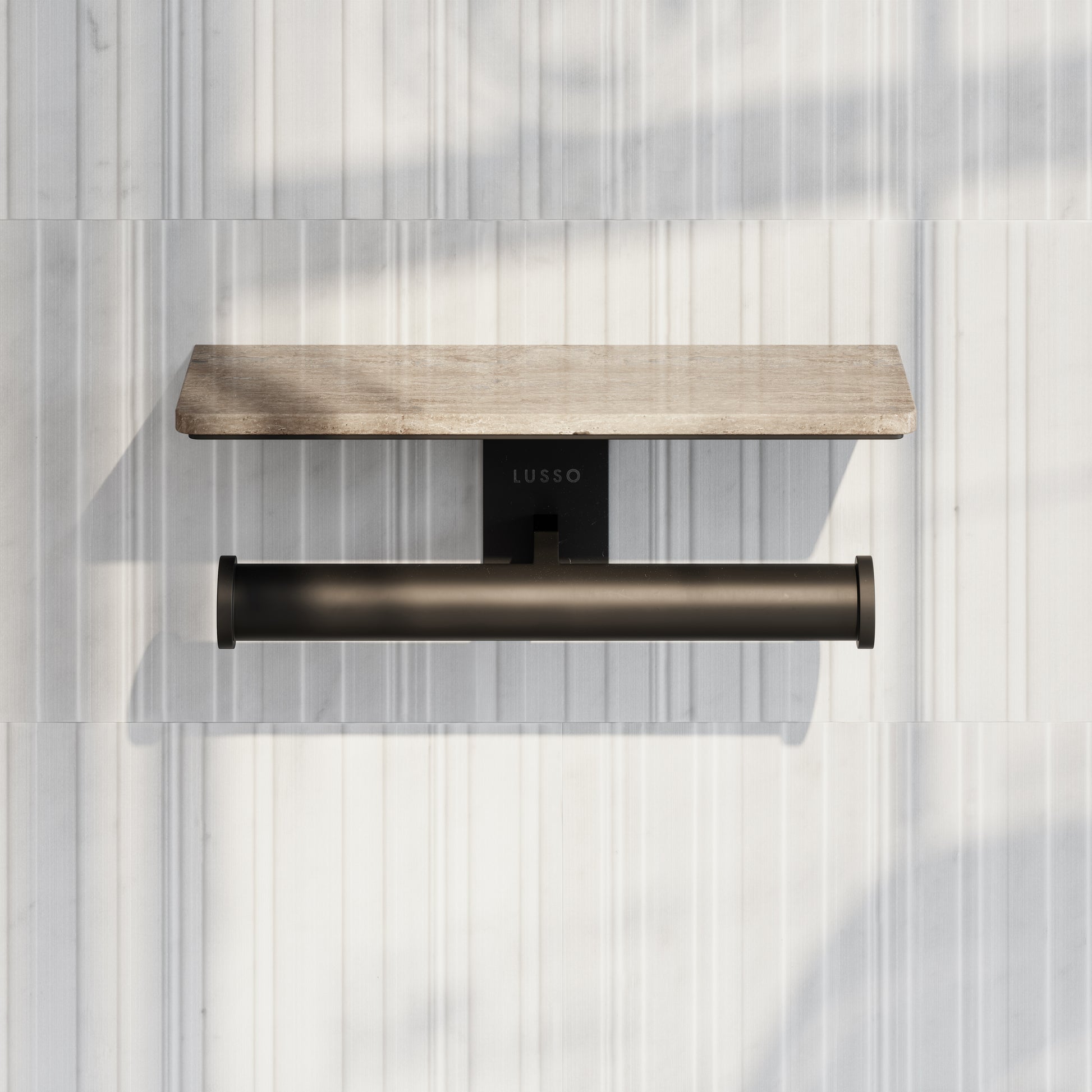Deka Matte Black Double Toilet Roll Holder with Travertine Stone Shelf
