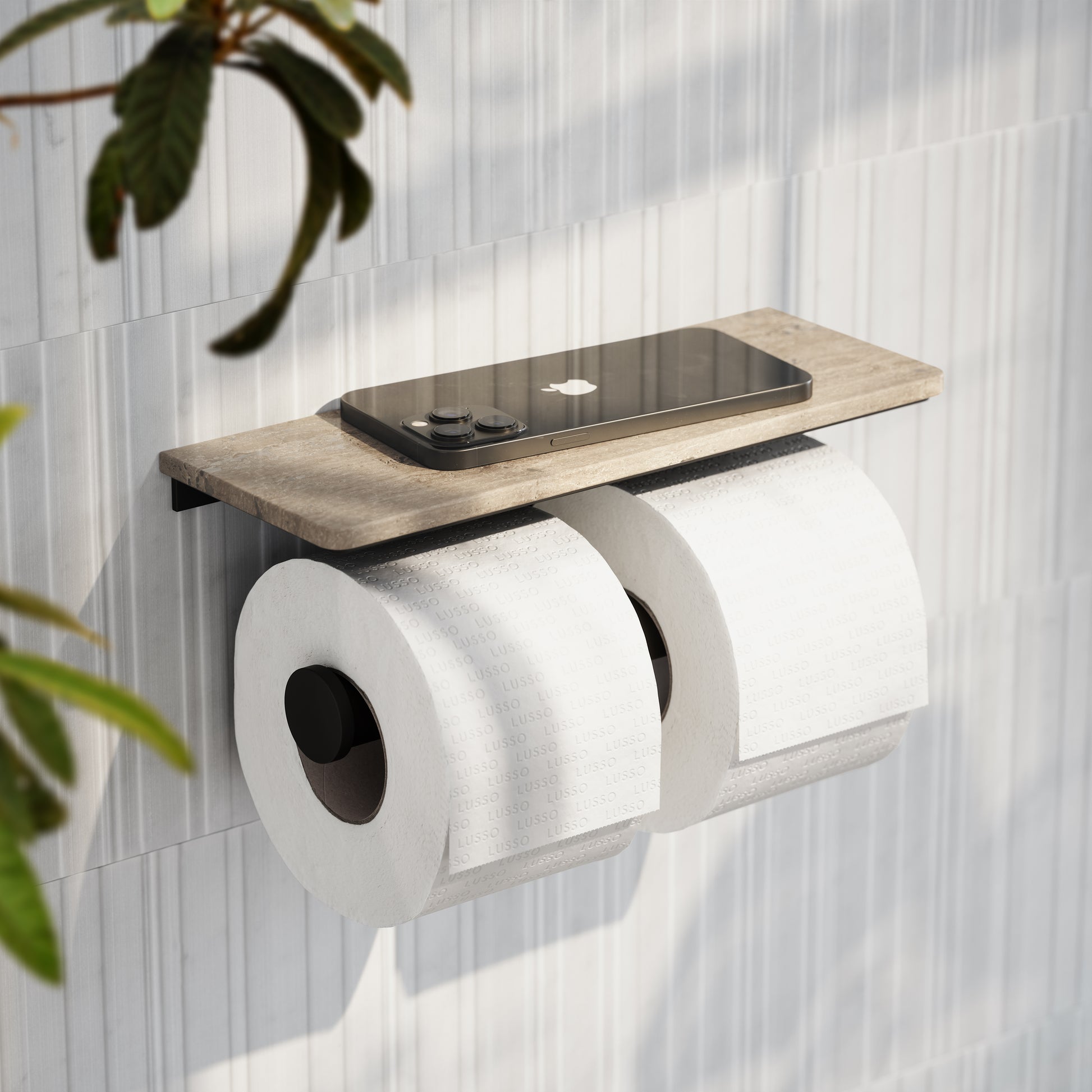Deka Matte Black Double Toilet Roll Holder with Travertine Stone Shelf
