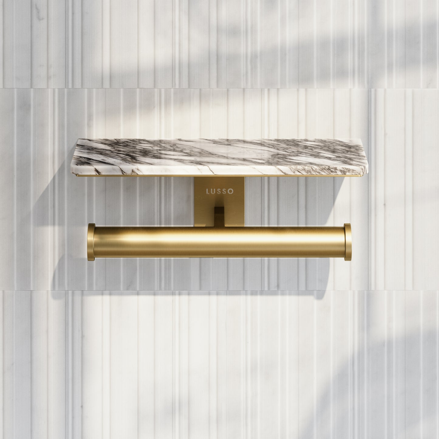 Deka Brushed Gold Double Toilet Roll Holder with Arabescato Marble Shelf