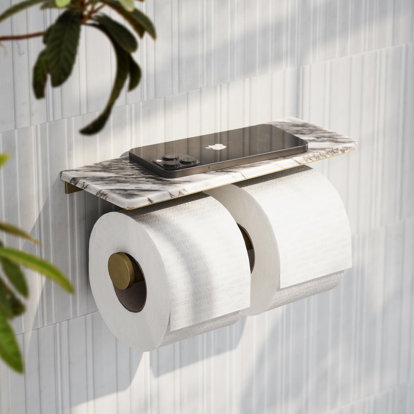 Deka Brushed Gold Double Toilet Roll Holder with Arabescato Marble Shelf