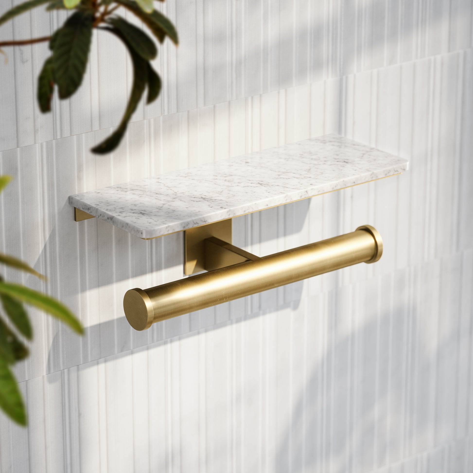 Deka Brushed Gold Double Toilet Roll Holder with Carrara Marble Shelf