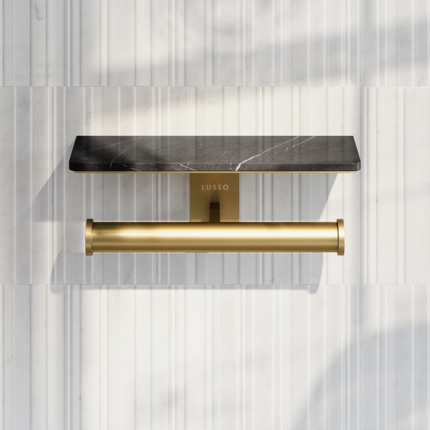 Deka Brushed Gold Double Toilet Roll Holder with Pietra Grey Marble Shelf