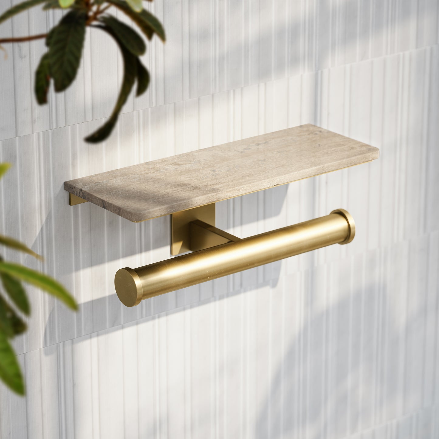 Deka Brushed Gold Double Toilet Roll Holder with Travertine Stone Shelf