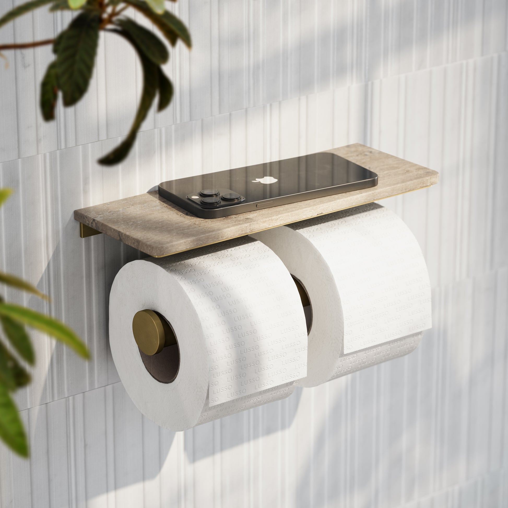 Deka Brushed Gold Double Toilet Roll Holder with Travertine Stone Shelf