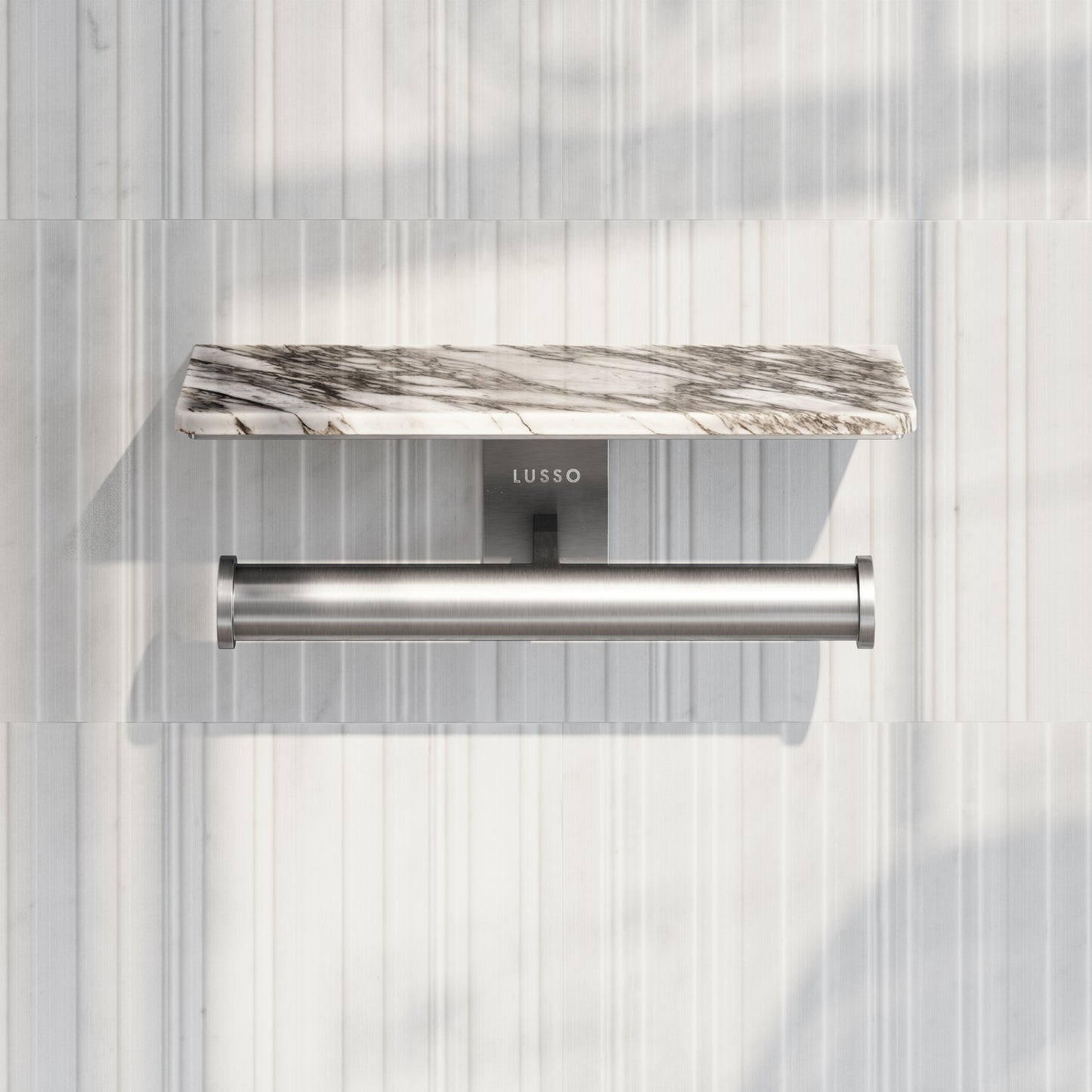 Deka Brushed Stainless Double Toilet Roll Holder with Arabescato Marble Shelf