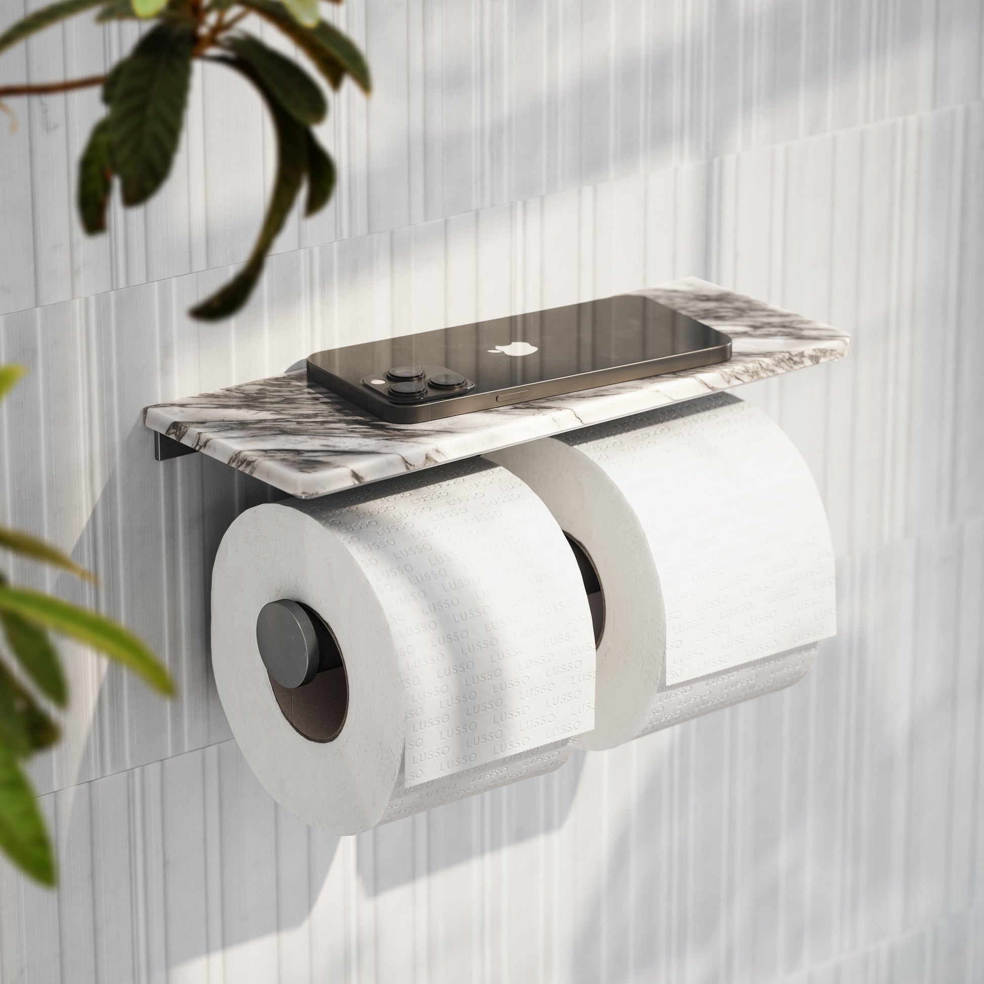 Deka Brushed Stainless Double Toilet Roll Holder with Arabescato Marble Shelf