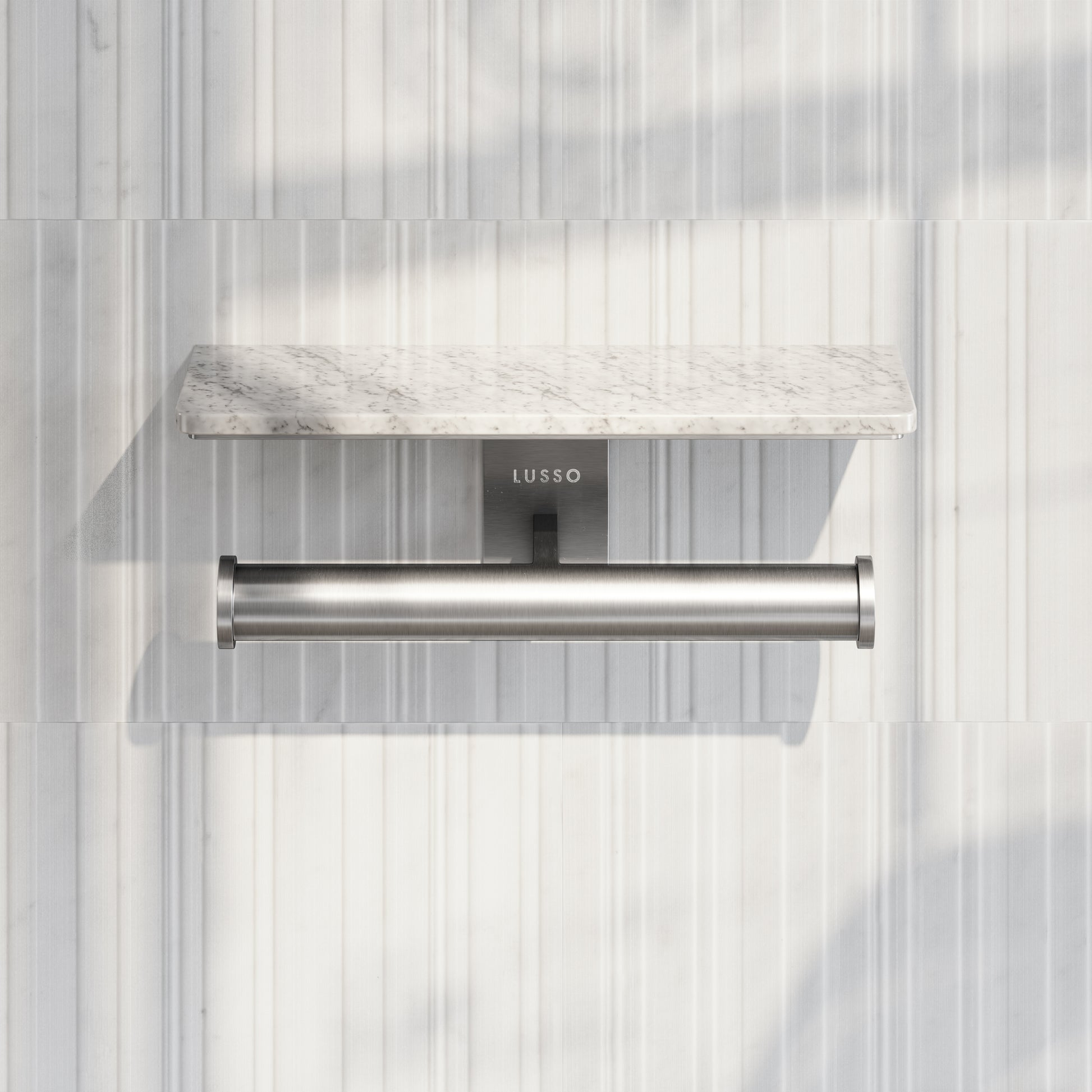 Deka Brushed Stainless Double Toilet Roll Holder with Carrara Marble Shelf