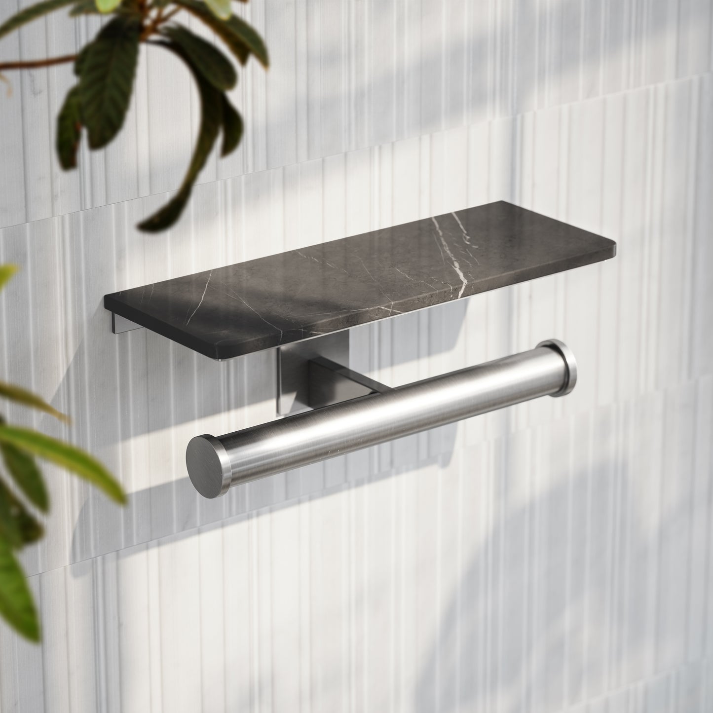 Deka Brushed Stainless Double Toilet Roll Holder with Pietra Grey Marble Shelf