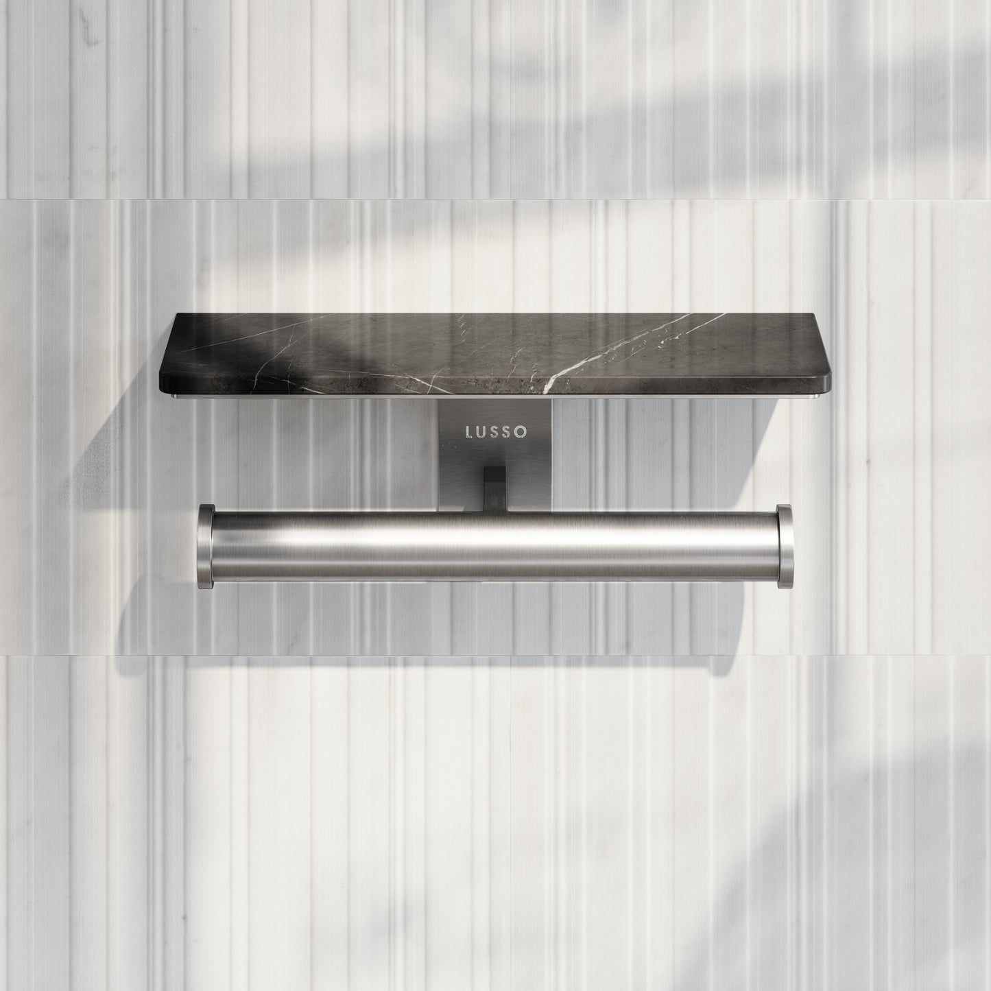 Deka Brushed Stainless Double Toilet Roll Holder with Pietra Grey Marble Shelf