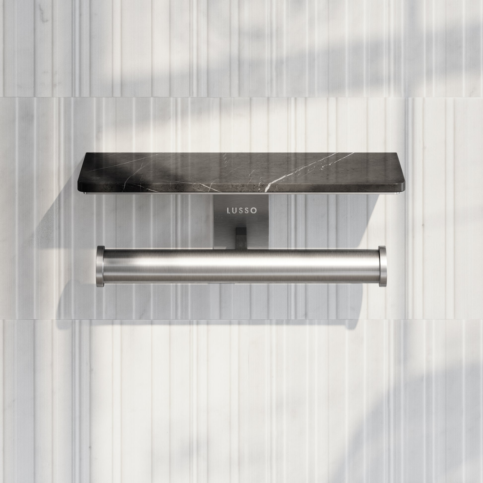 Deka Brushed Stainless Double Toilet Roll Holder with Pietra Grey Marble Shelf
