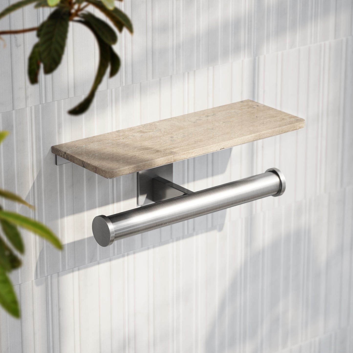 Deka Brushed Stainless Double Toilet Roll Holder with Travertine Stone Shelf