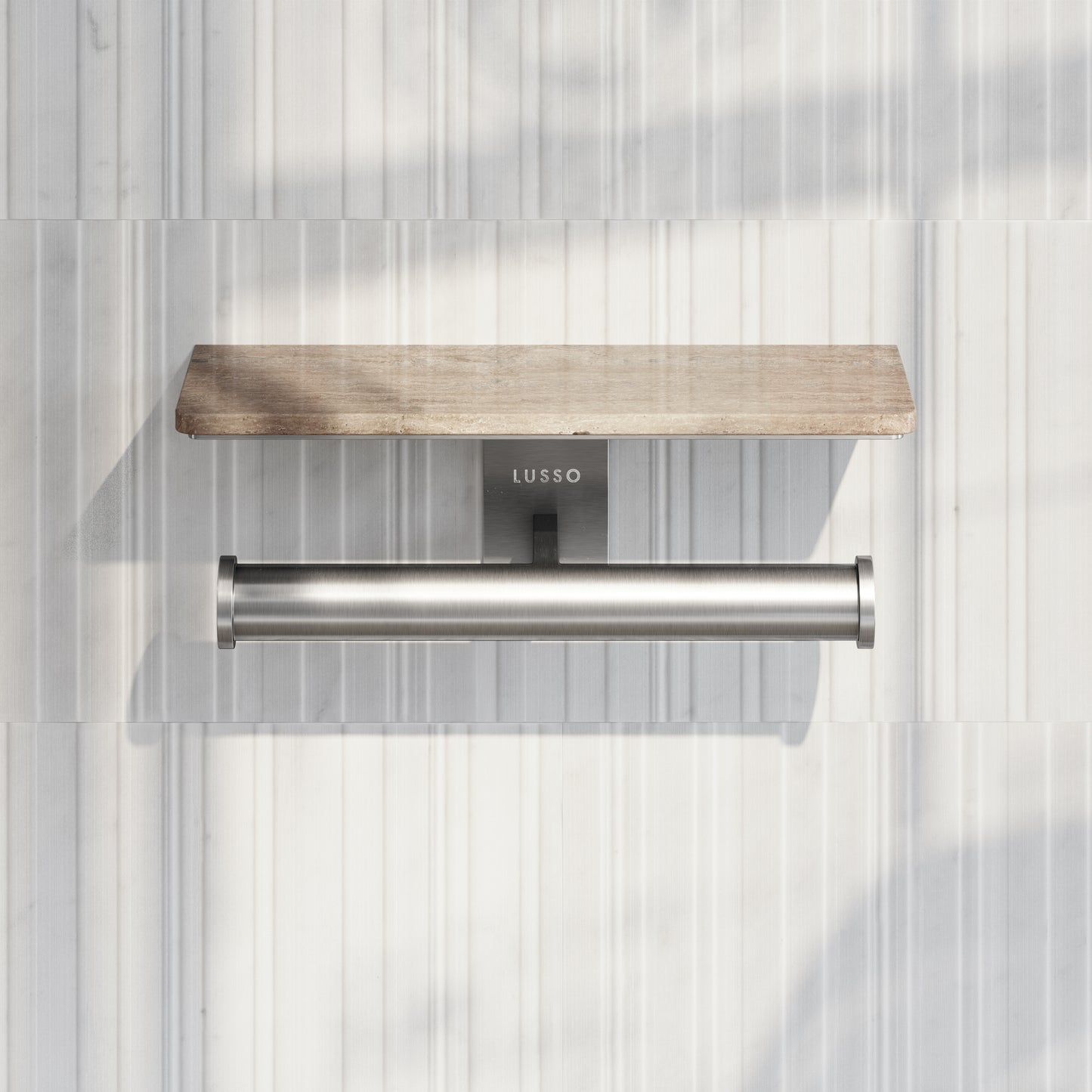 Deka Brushed Stainless Double Toilet Roll Holder with Travertine Stone Shelf