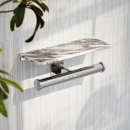 Deka Chrome Double Toilet Roll Holder with Arabescato Marble Shelf