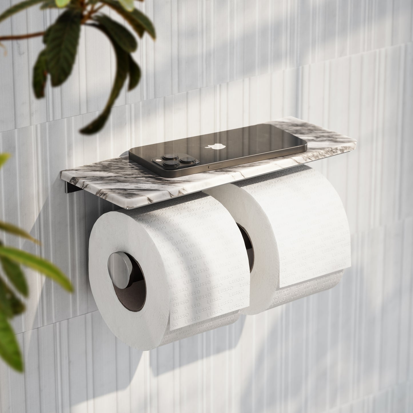 Deka Chrome Double Toilet Roll Holder with Arabescato Marble Shelf