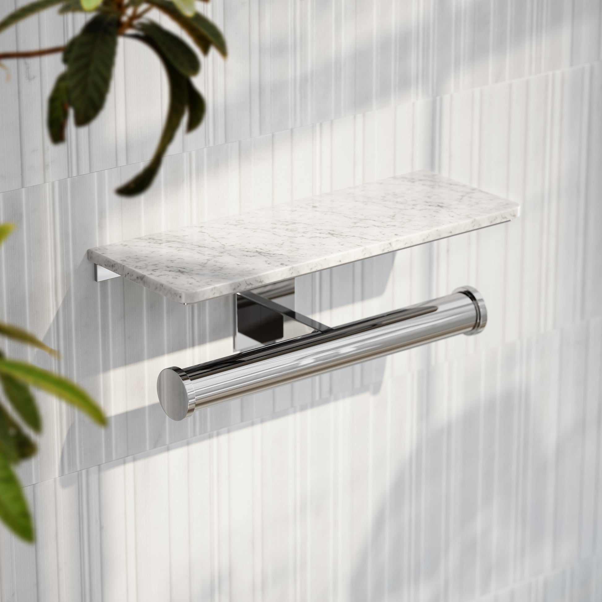 Deka Chrome Double Toilet Roll Holder with Carrara Marble Shelf