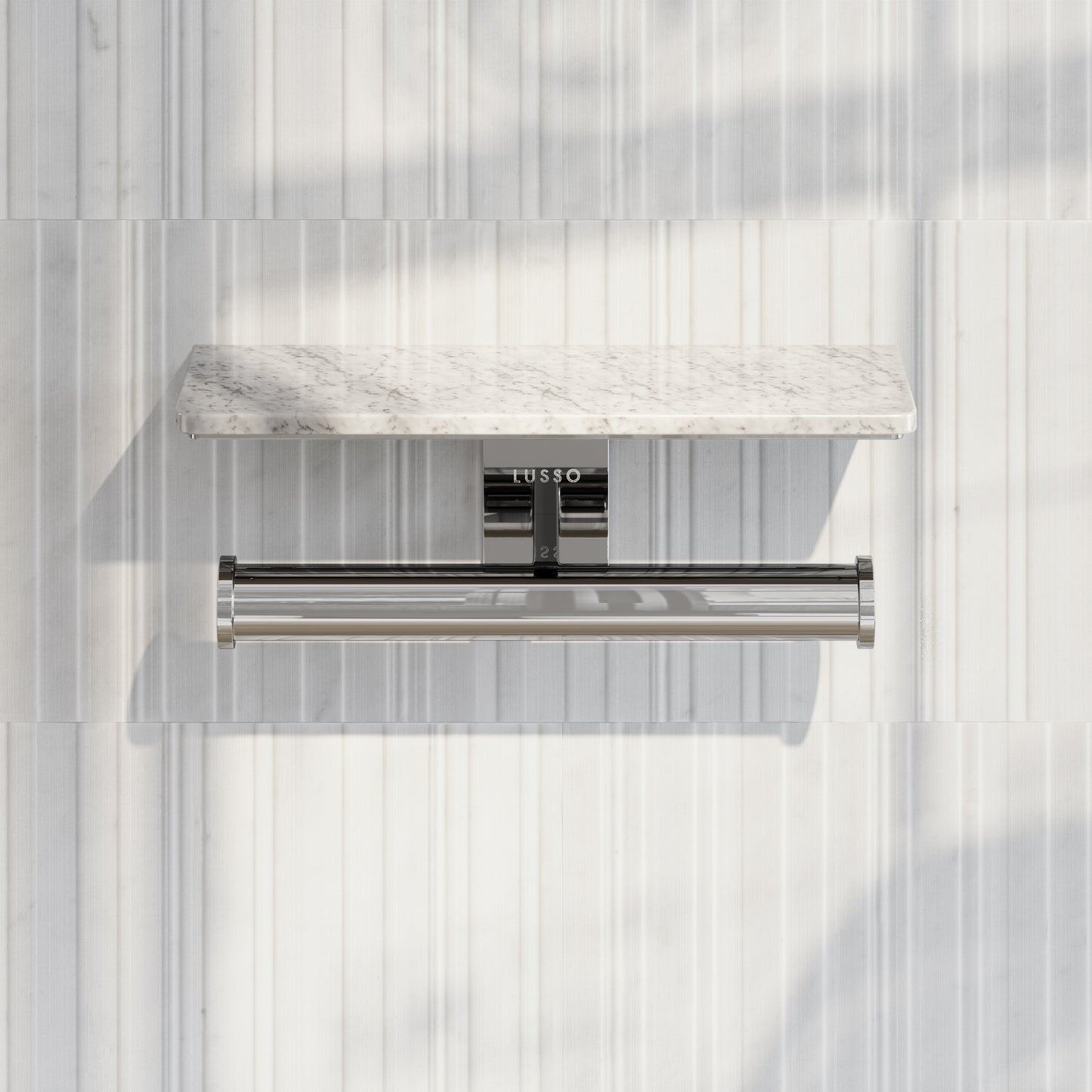 Deka Chrome Double Toilet Roll Holder with Carrara Marble Shelf