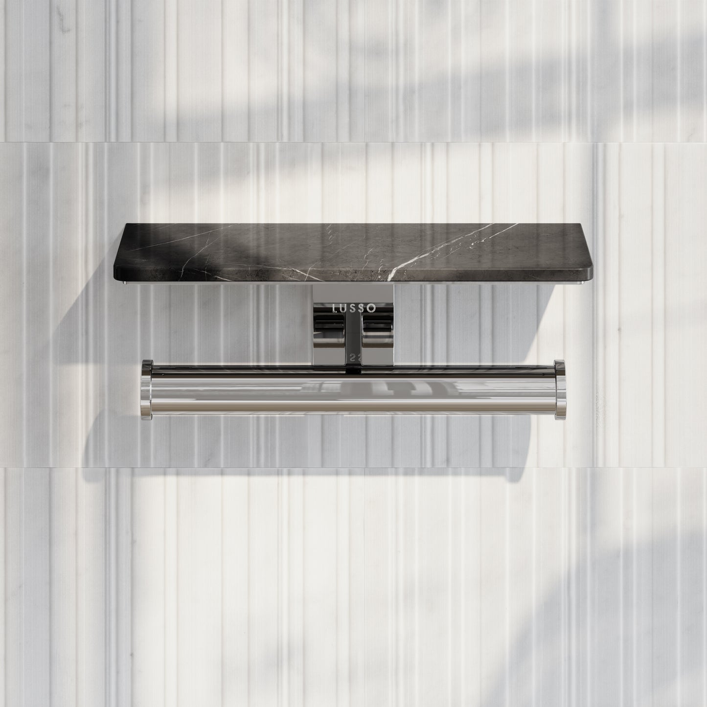 Deka Chrome Double Toilet Roll Holder with Pietra Grey Marble Shelf