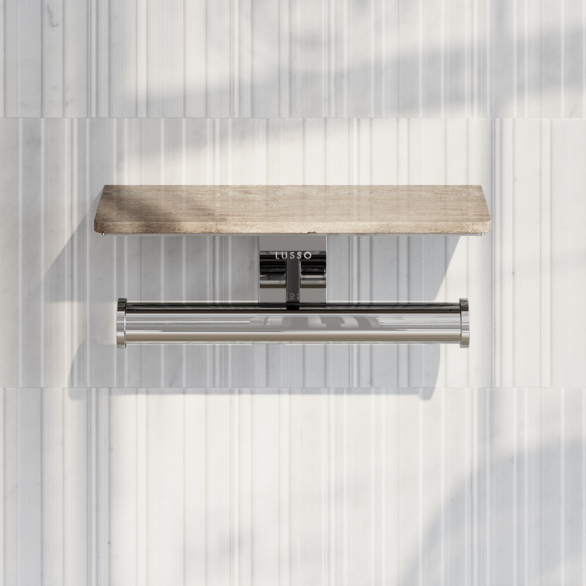 Deka Chrome Double Toilet Roll Holder with Travertine Stone Shelf