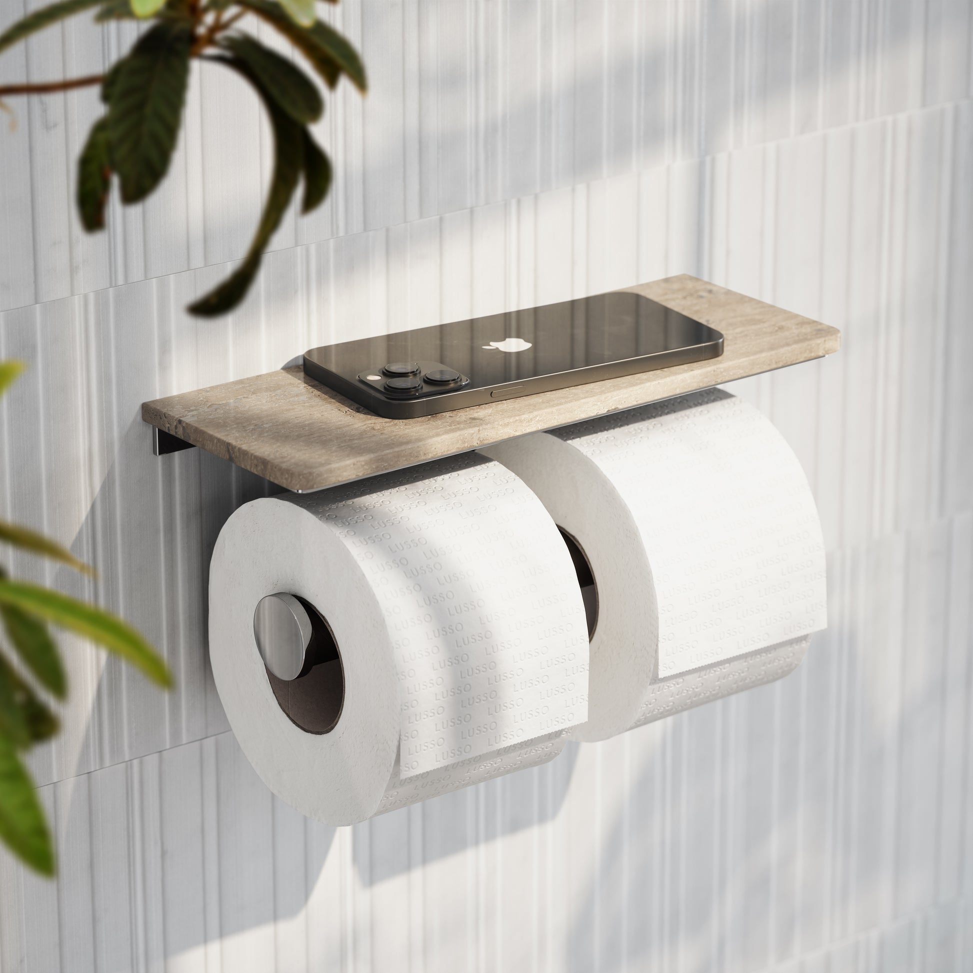 Deka Chrome Double Toilet Roll Holder with Travertine Stone Shelf