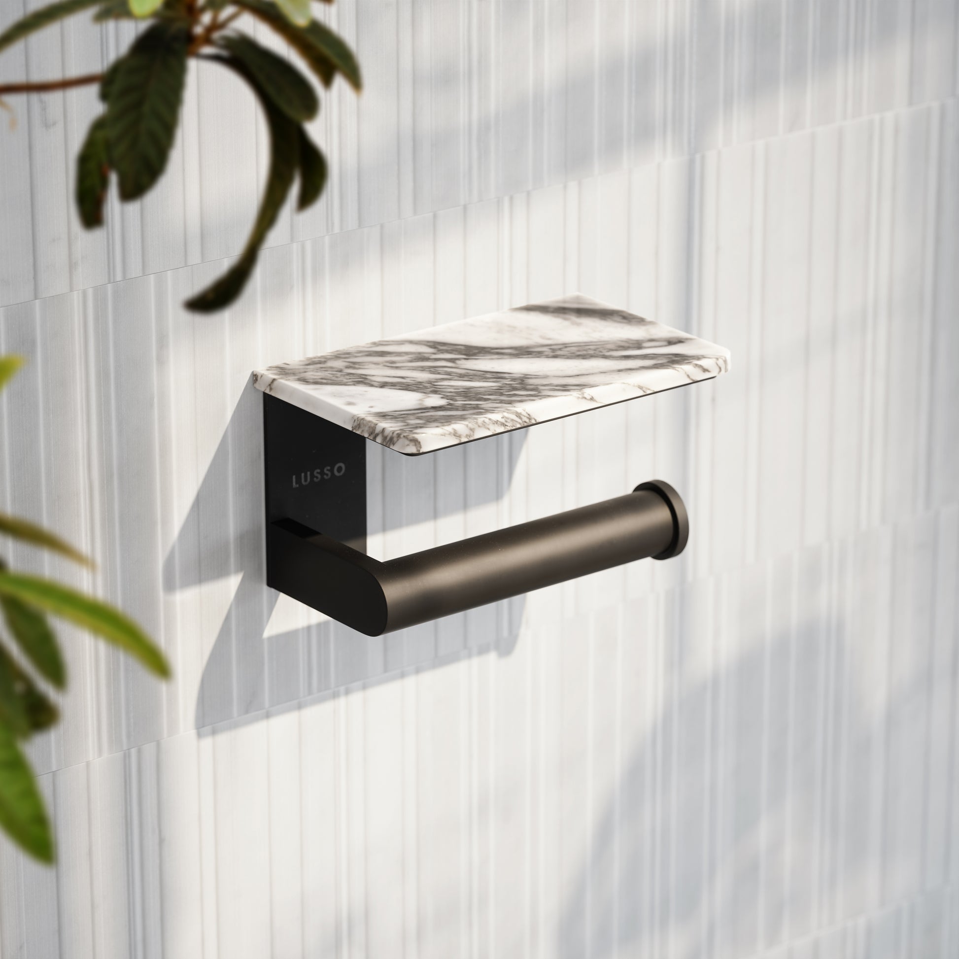 Deka Matte Black Toilet Roll Holder with Arabescato Marble Shelf