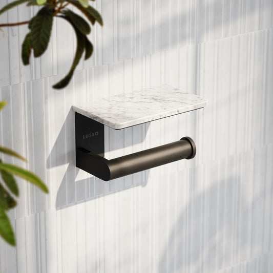 Deka Matte Black Toilet Roll Holder with Carrara Marble Shelf