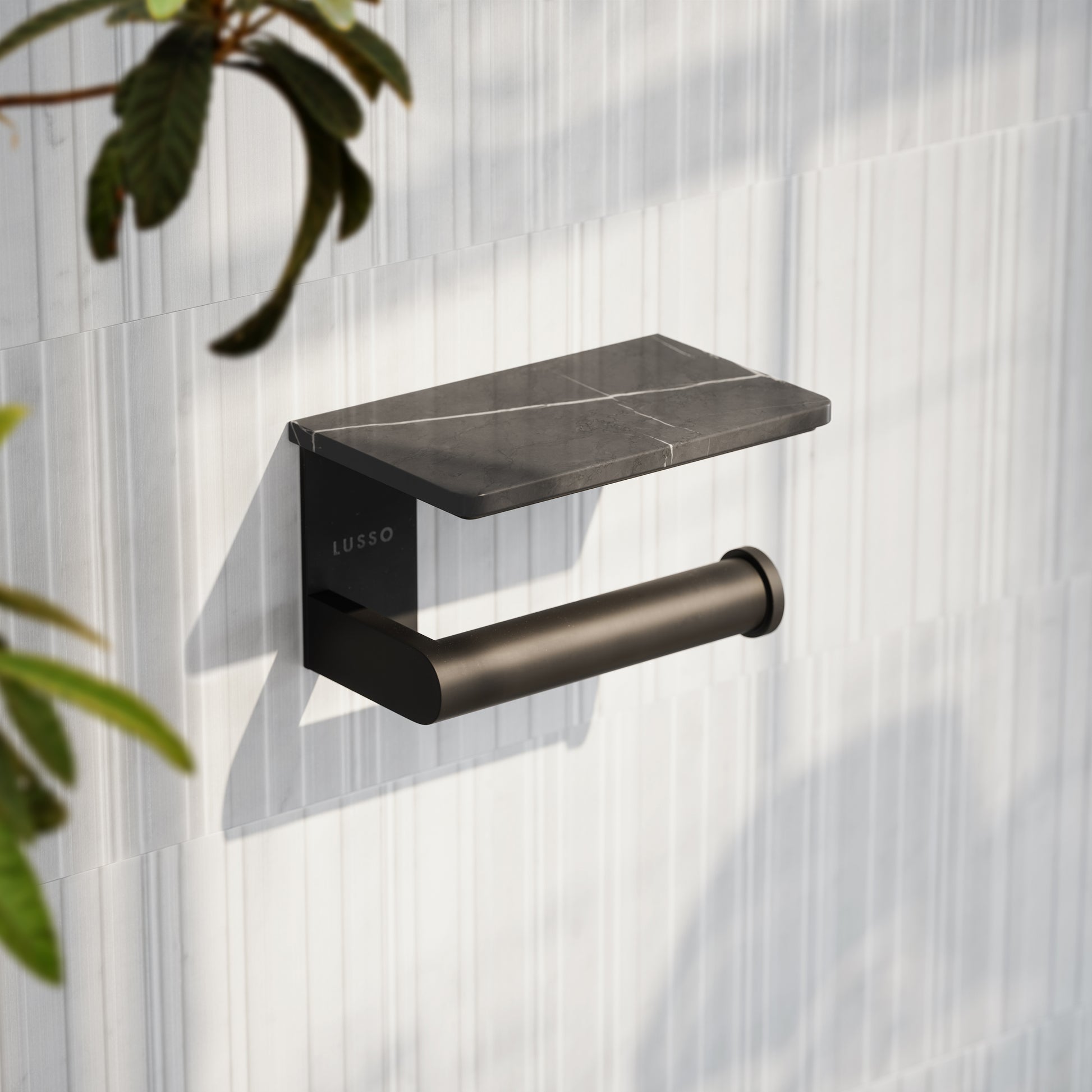Deka Matte Black Toilet Roll Holder with Pietra Grey Marble Shelf
