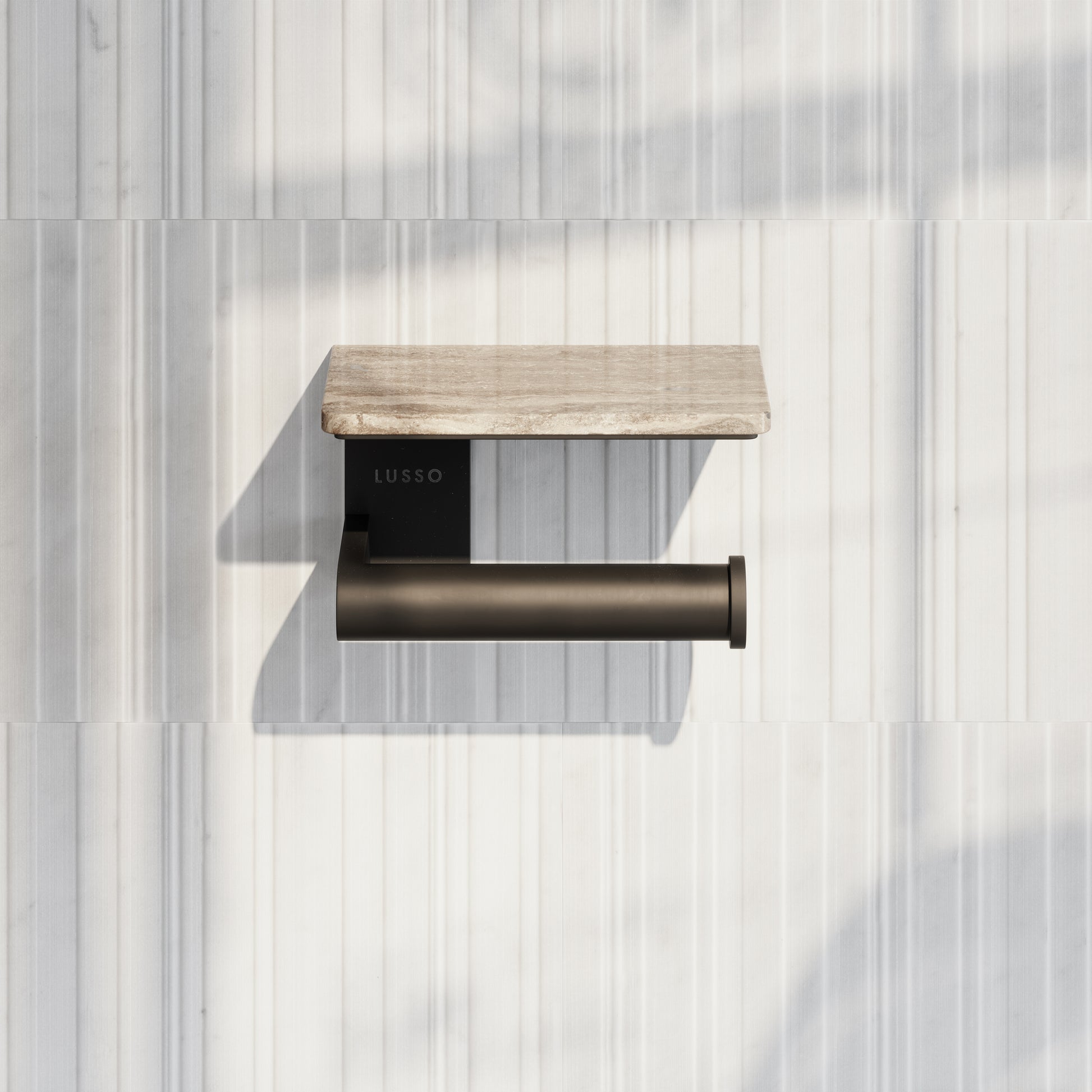 Deka Matte Black Toilet Roll Holder with Travertine Stone Shelf