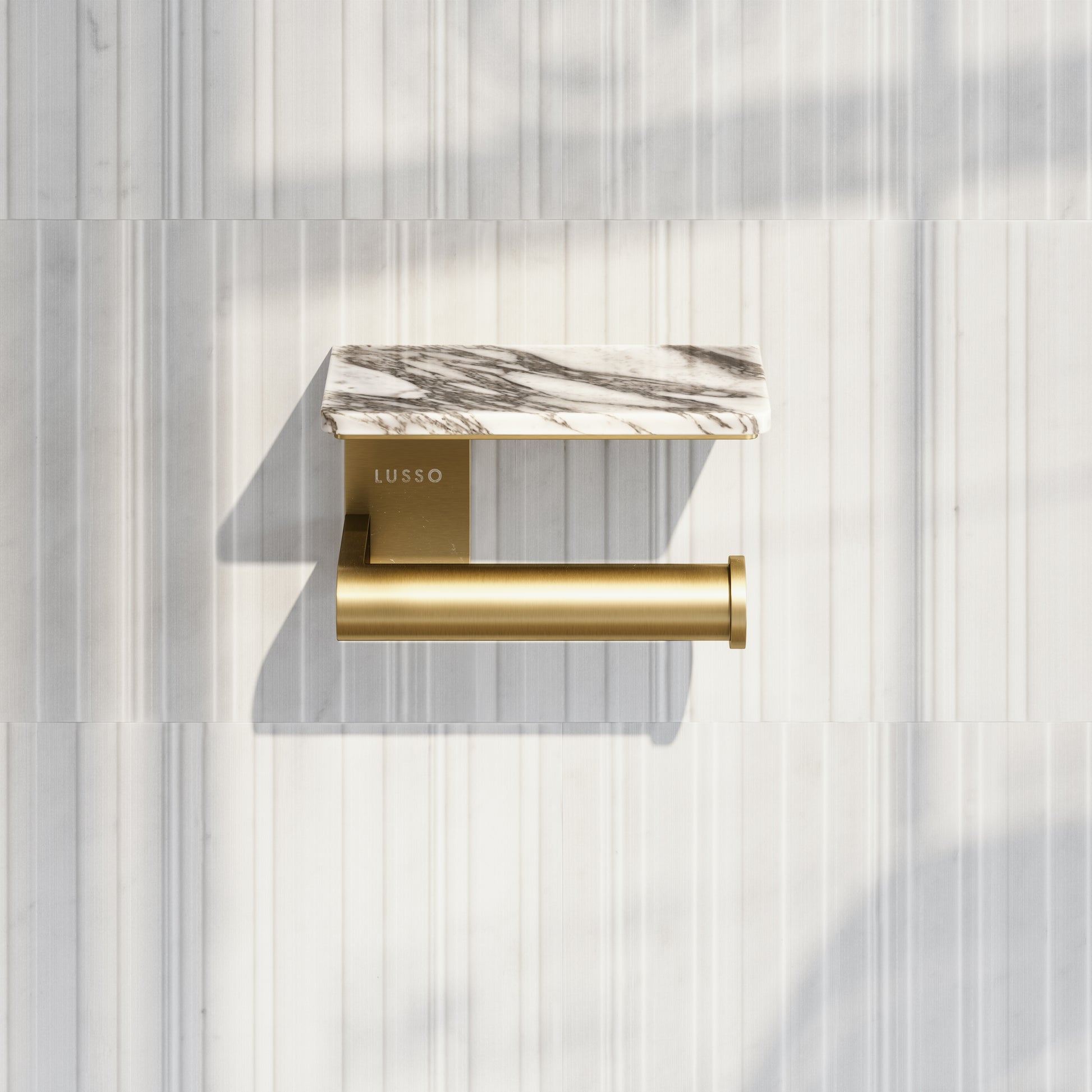 Deka Brushed Gold Toilet Roll Holder with Arabescato Marble Shelf