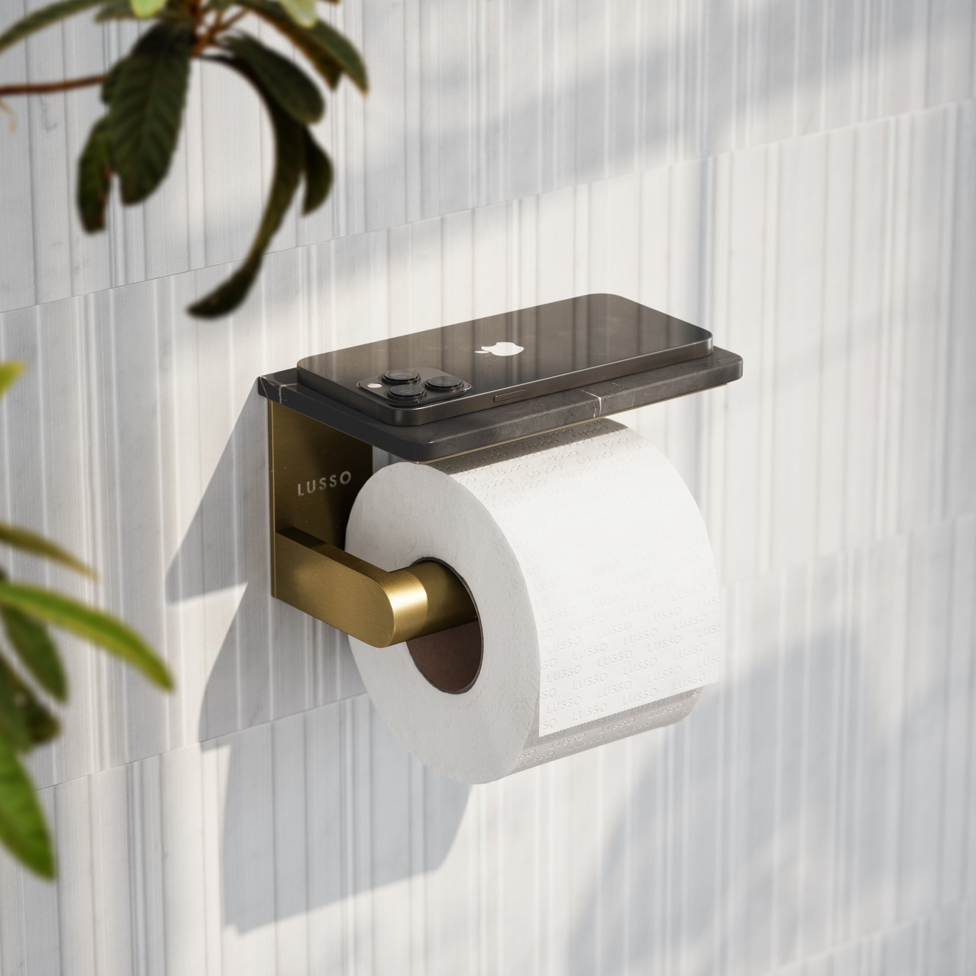 Deka Brushed Gold Toilet Roll Holder with Pietra Grey Marble Shelf