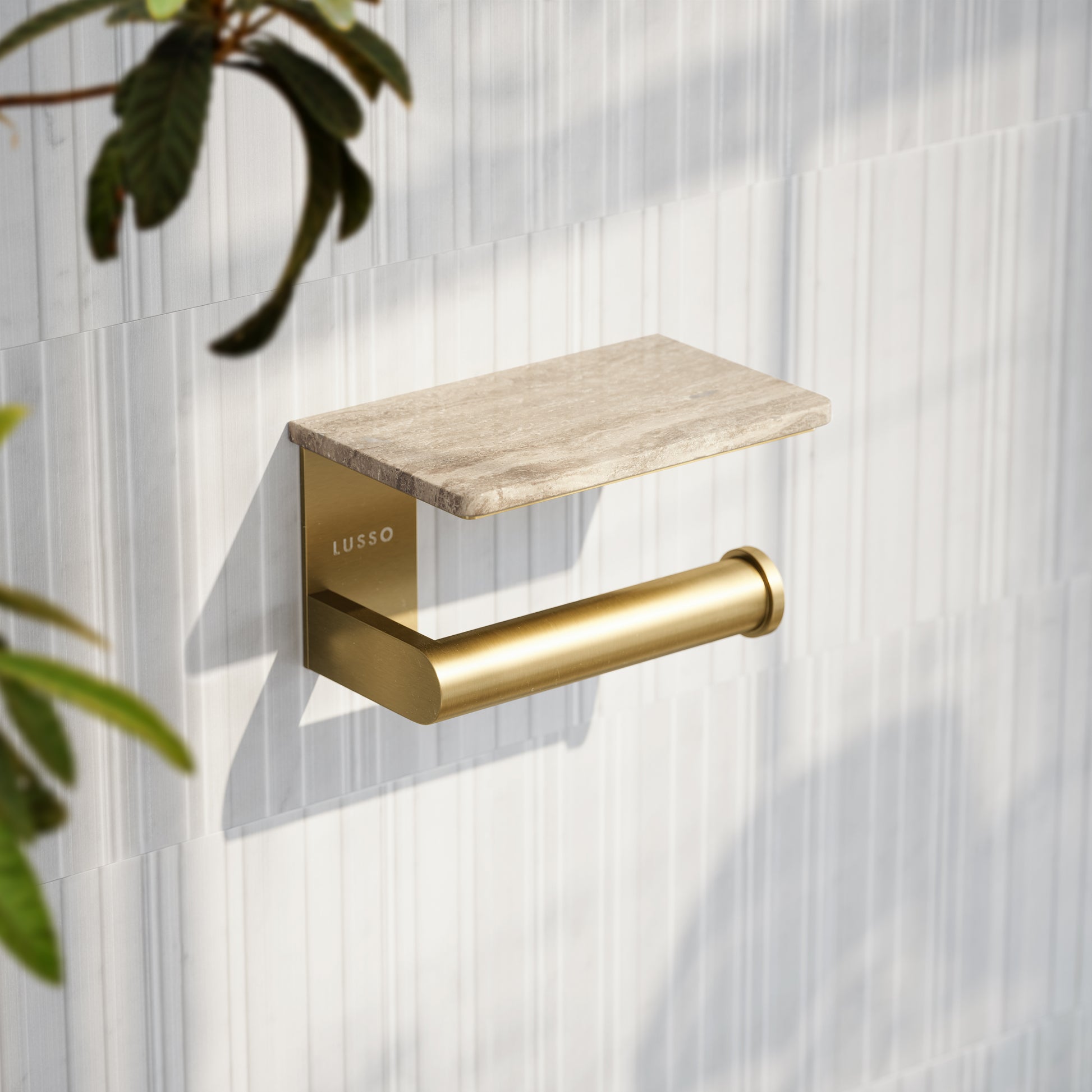 Deka Brushed Gold Toilet Roll Holder with Travertine Stone Shelf