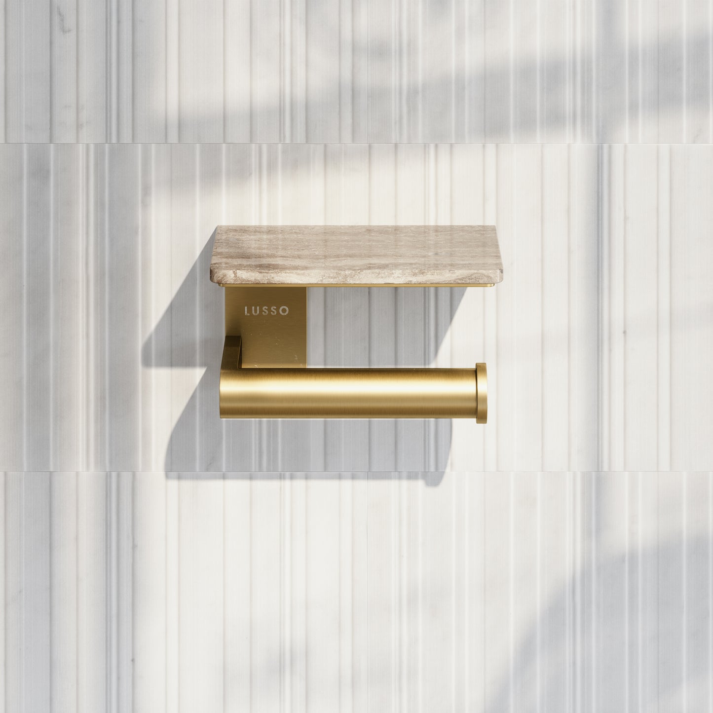 Deka Brushed Gold Toilet Roll Holder with Travertine Stone Shelf