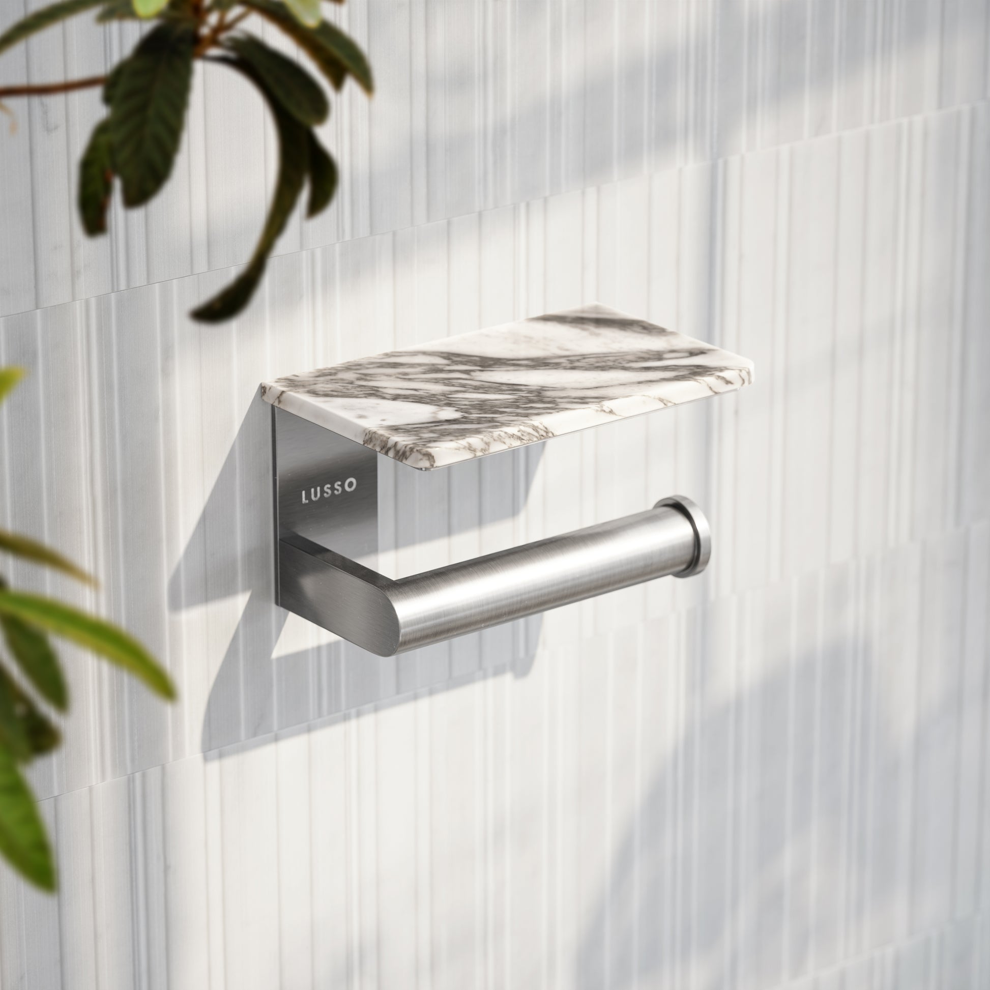 Deka Brushed Stainless Toilet Roll Holder with Arabescato Marble Shelf