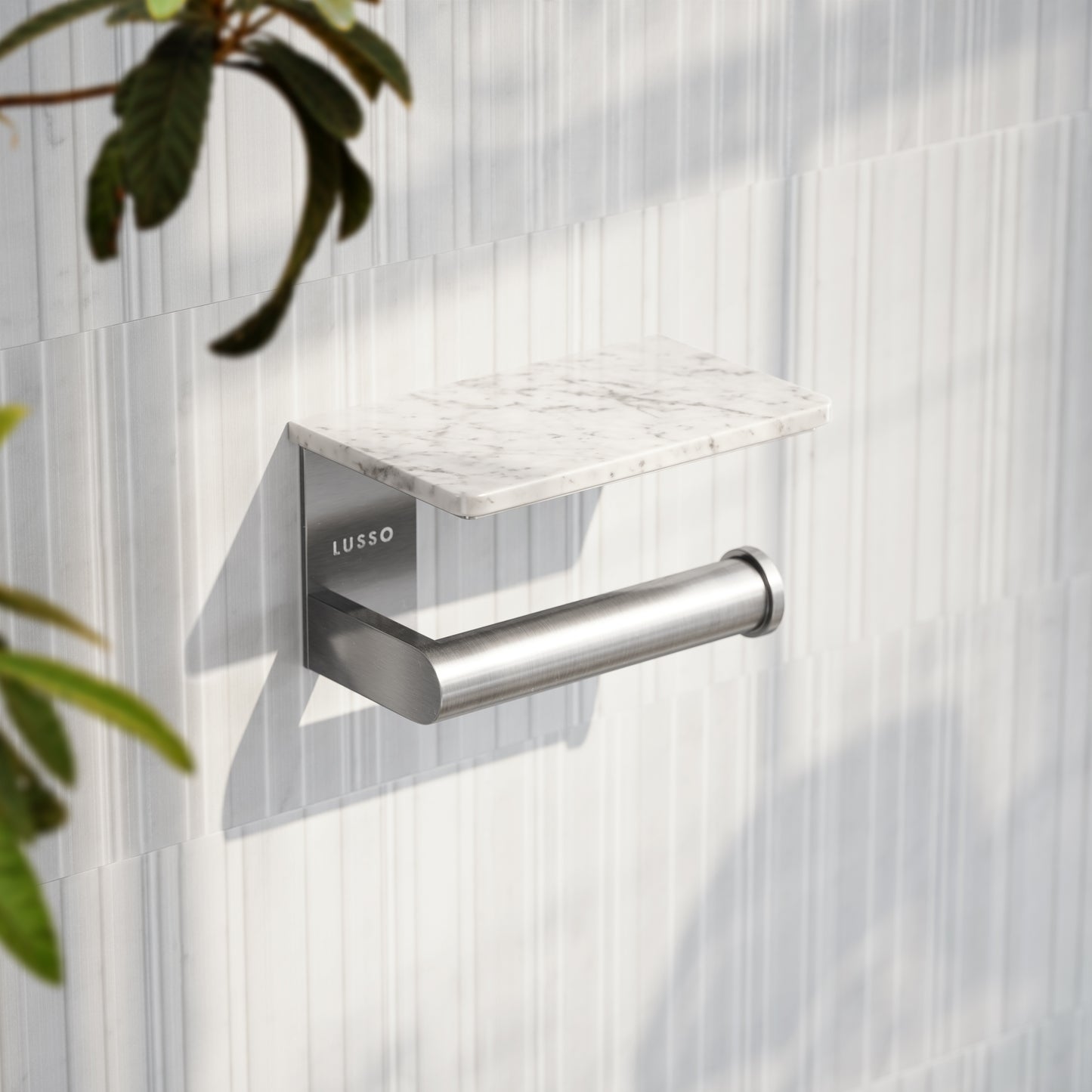 Deka Brushed Stainless Toilet Roll Holder with Carrara Marble Shelf