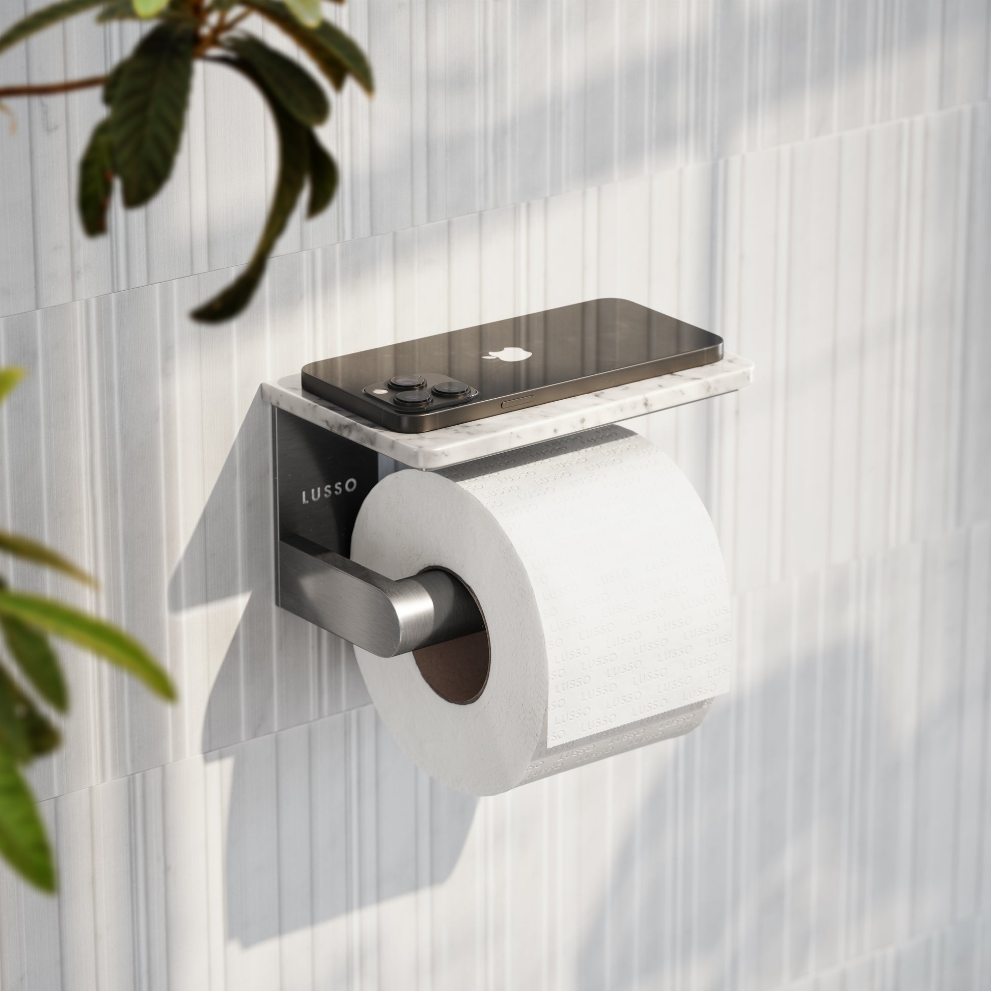 Deka Brushed Stainless Toilet Roll Holder with Carrara Marble Shelf