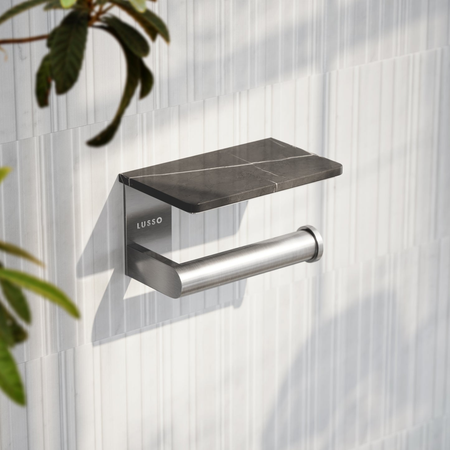 Deka Brushed Stainless Toilet Roll Holder with Pietra Grey Marble Shelf