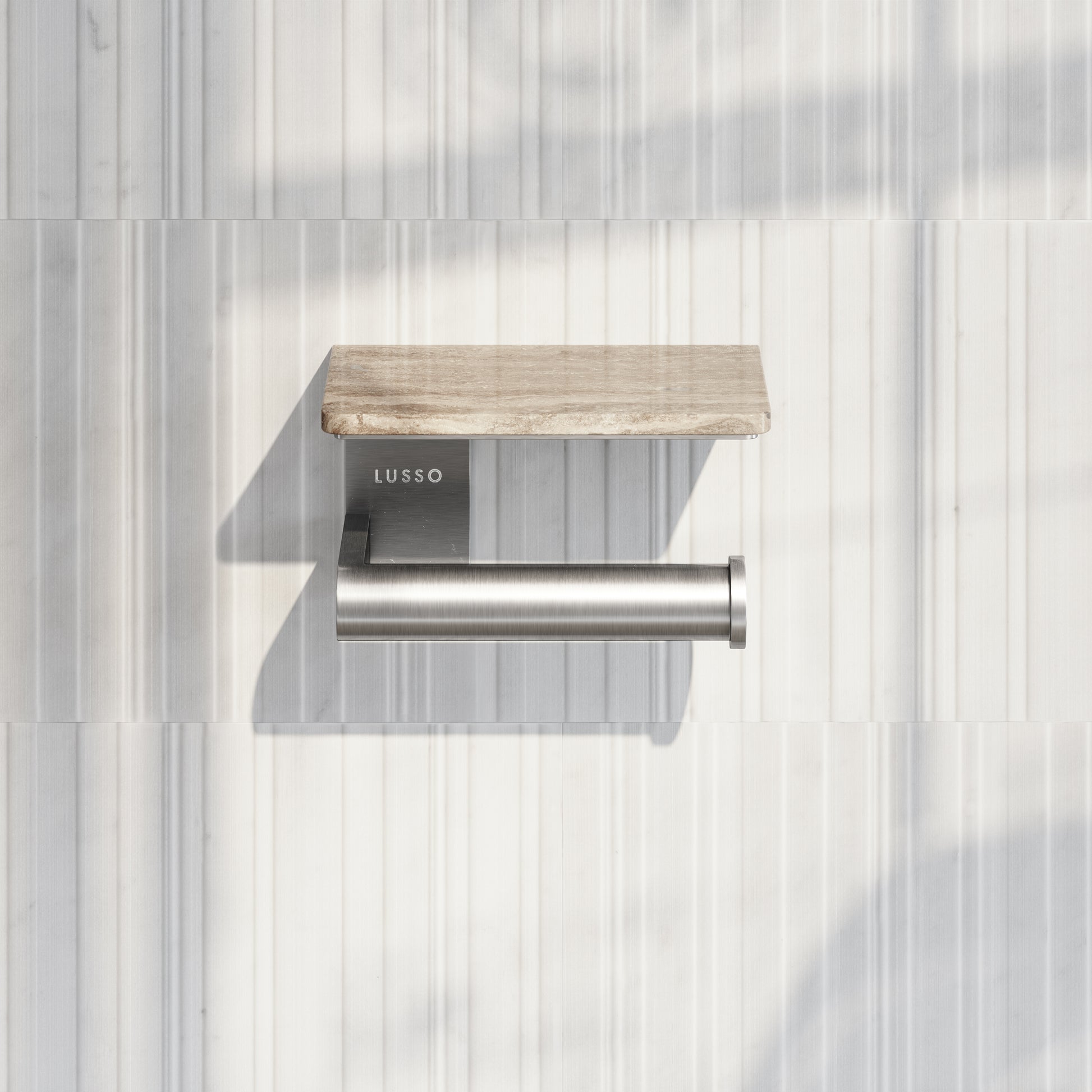 Deka Brushed Stainless Toilet Roll Holder with Travertine Stone Shelf