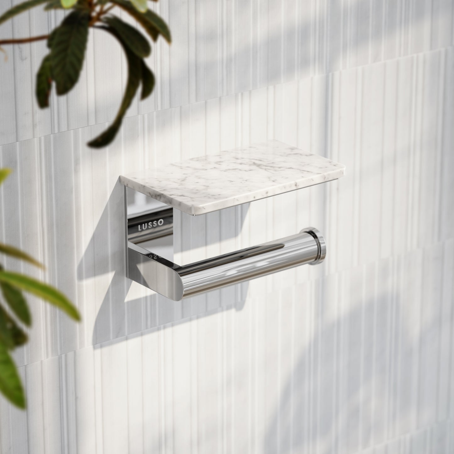 Deka Chrome Toilet Roll Holder with Carrara Marble Shelf