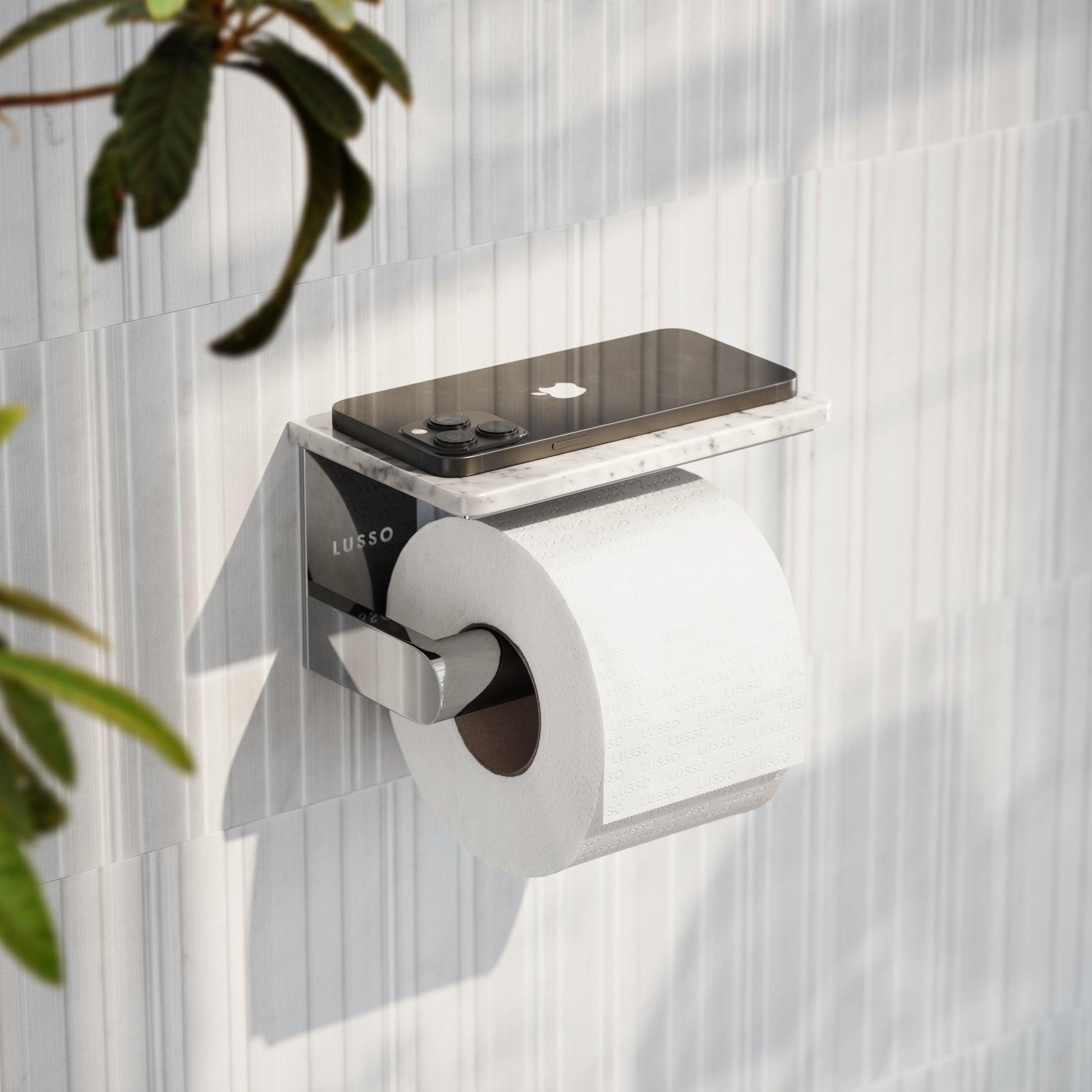 Deka Chrome Toilet Roll Holder with Carrara Marble Shelf