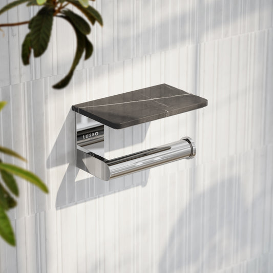 Deka Chrome Toilet Roll Holder with Pietra Grey Marble Shelf