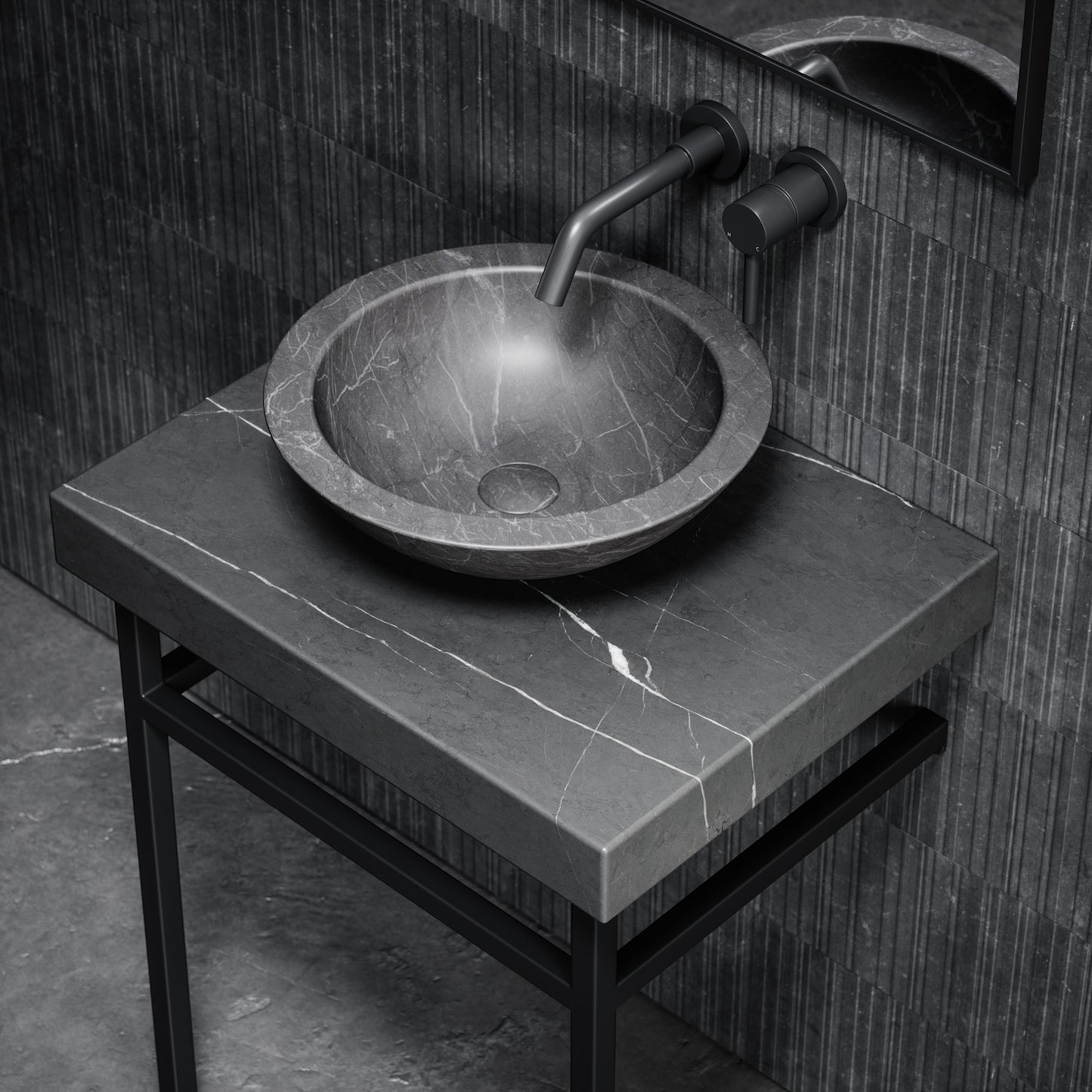 Lomazzo Pietra Grey Marble Countertop Matte Black Vanity Unit 600mm