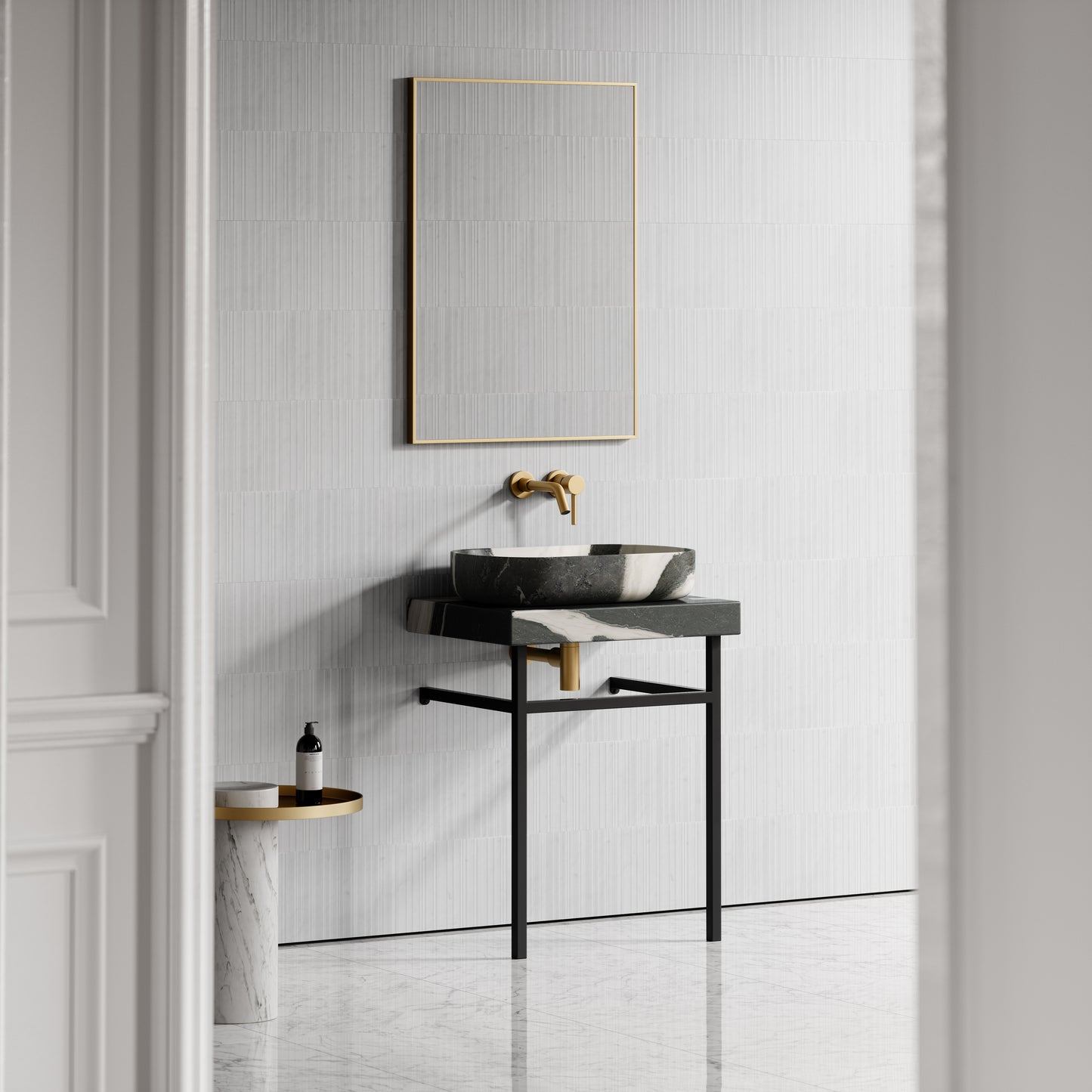 Lomazzo Panda Marble Countertop Matte Black Vanity Unit 600mm