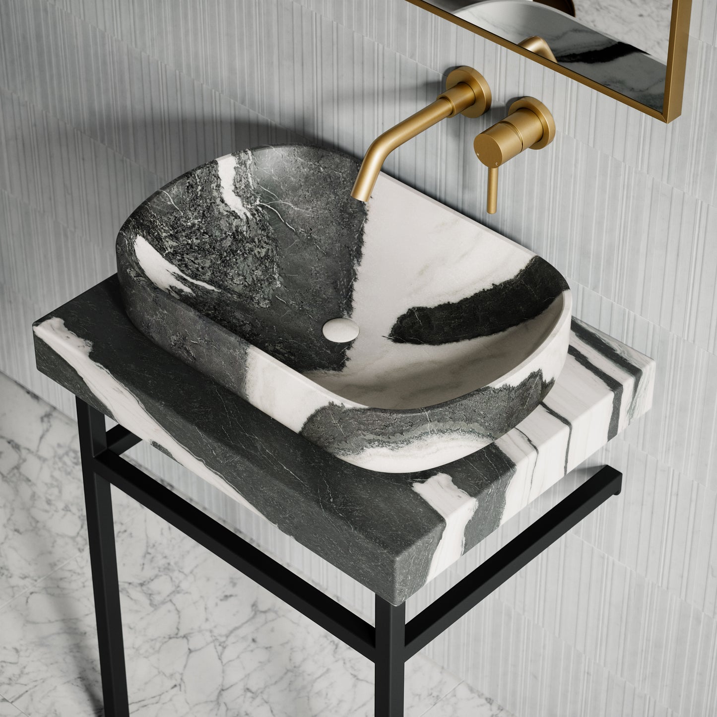 Lomazzo Panda Marble Countertop Matte Black Vanity Unit 600mm