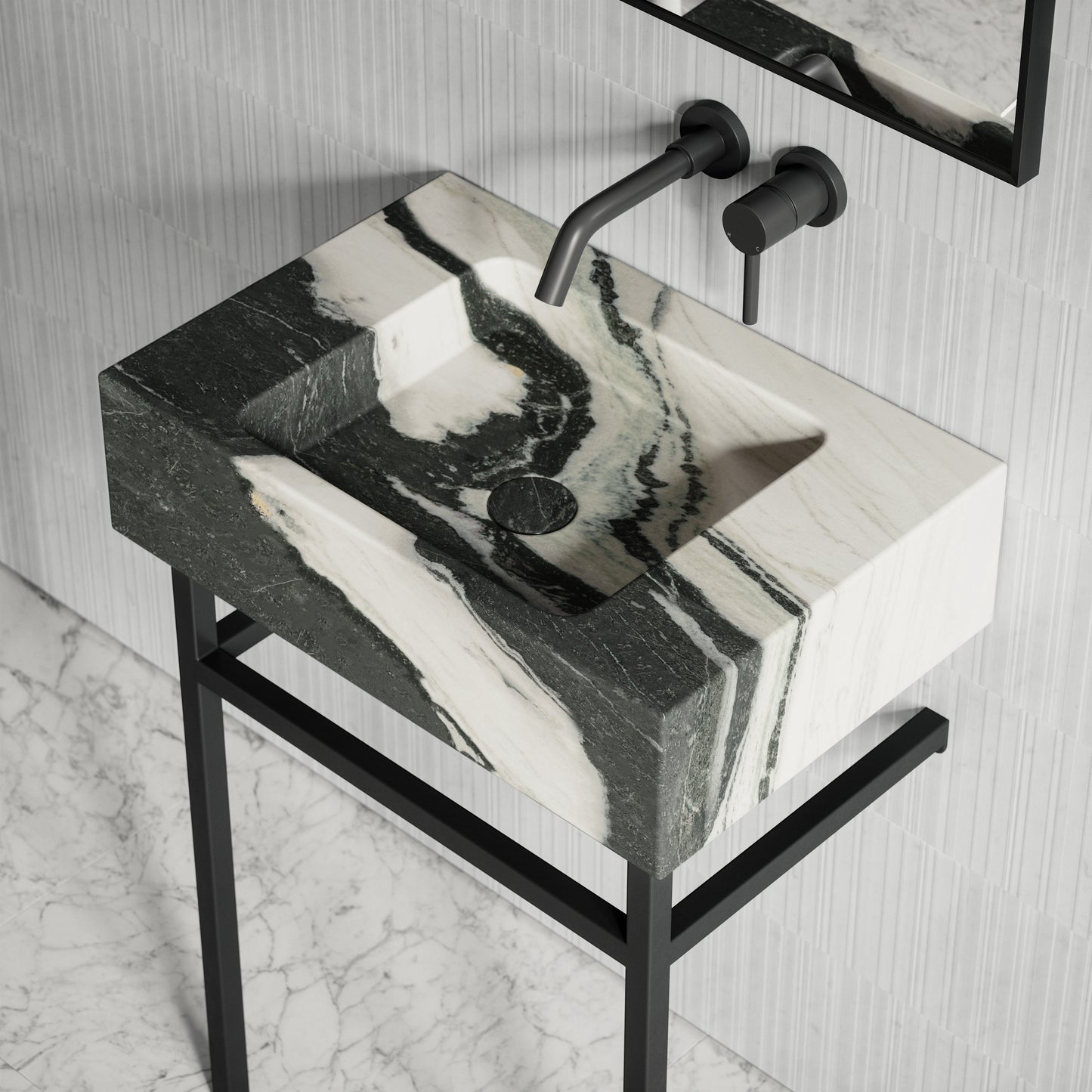 Vernante Panda Marble Matte Black Vanity Unit 600mm