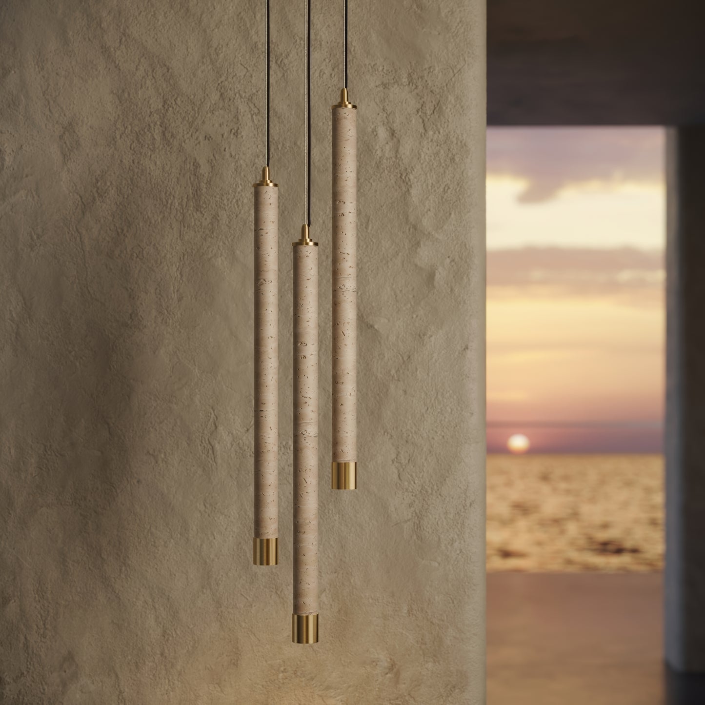 Perla Travertine & Brushed Gold IP65 Hanging Pendant Light 700mm