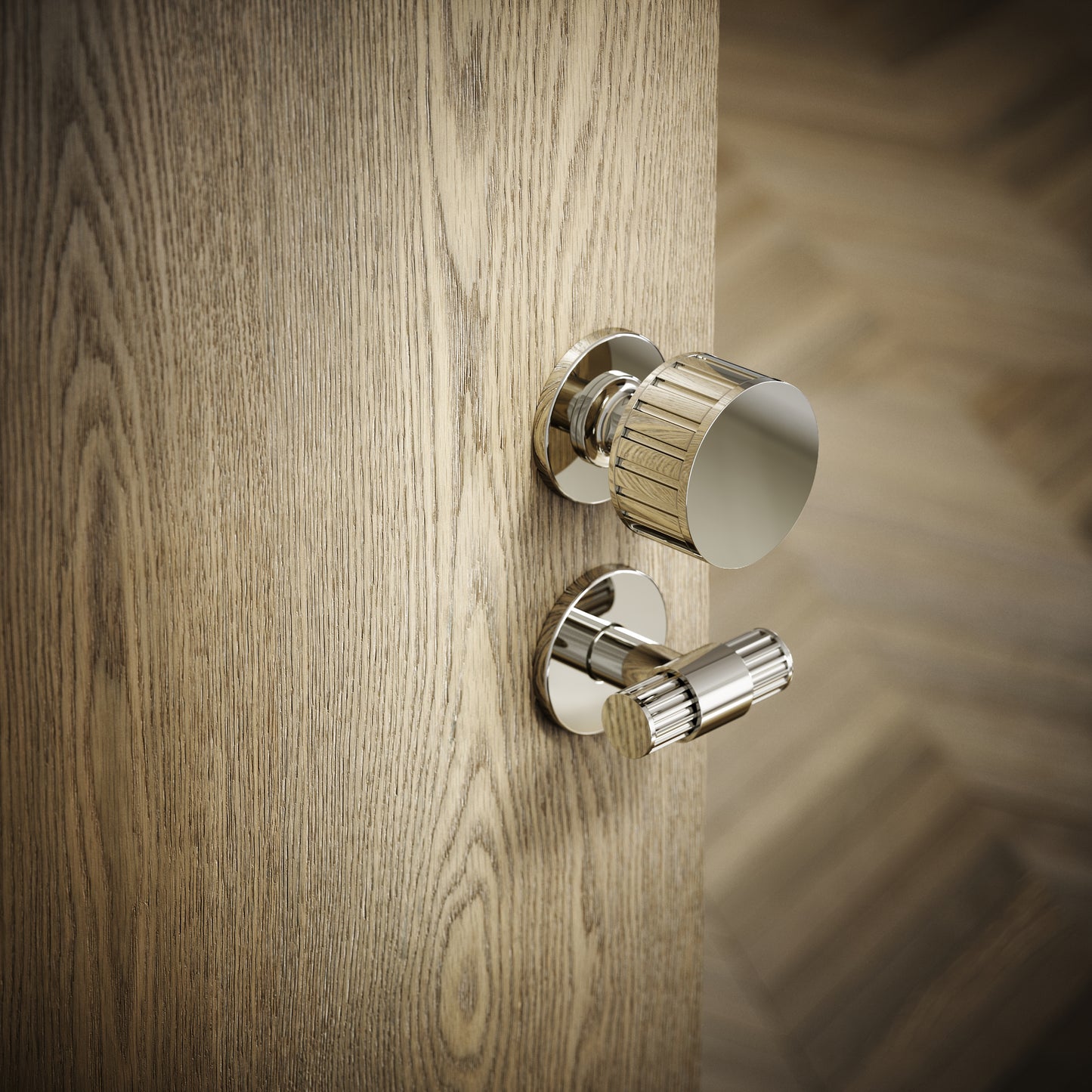 Royal Ascot Polished Nickel Deep Flute Bathroom WC Knob & Round Thumbturn Set
