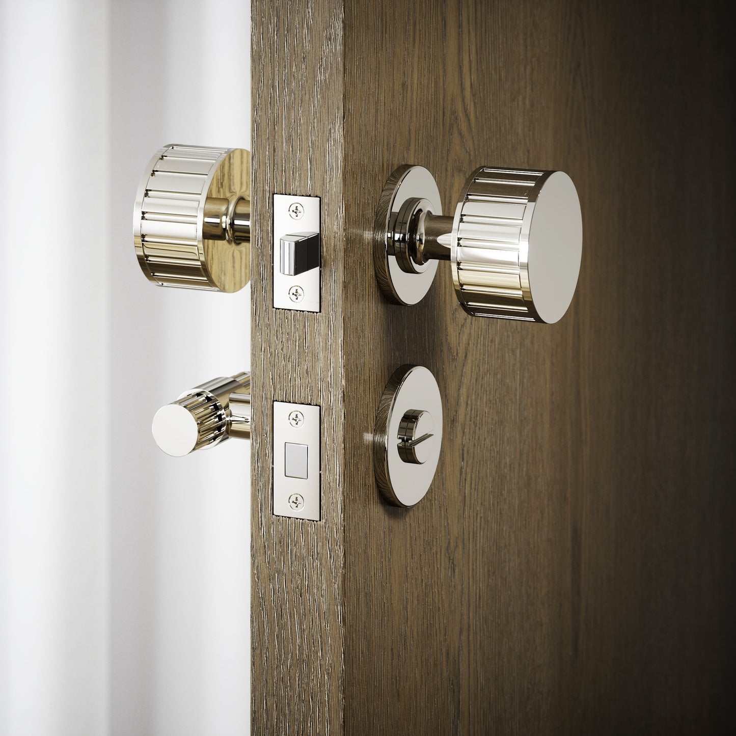 Royal Ascot Polished Nickel Deep Flute Bathroom WC Knob & Round Thumbturn Set
