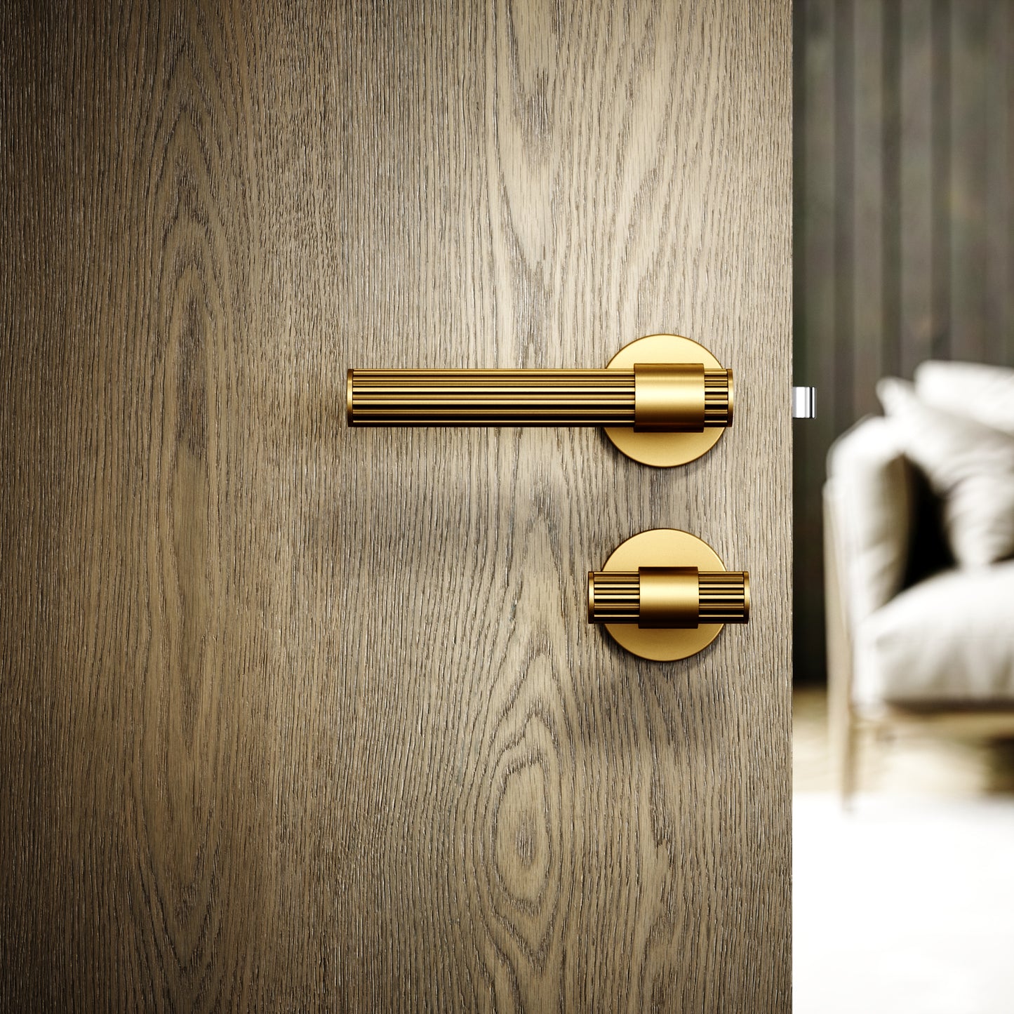 Royal Oak Brushed Gold Deep Flute Bathroom WC Handle & Round Thumbturn Set
