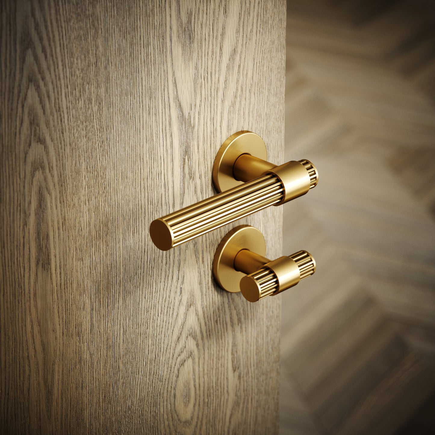 Royal Oak Brushed Gold Deep Flute Bathroom WC Handle & Round Thumbturn Set