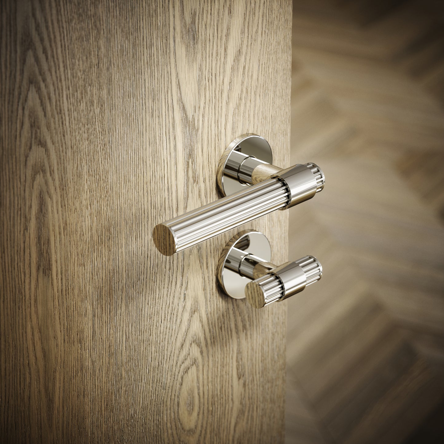 Royal Oak Polished Nickel Deep Flute Bathroom WC Handle & Round Thumbturn Set